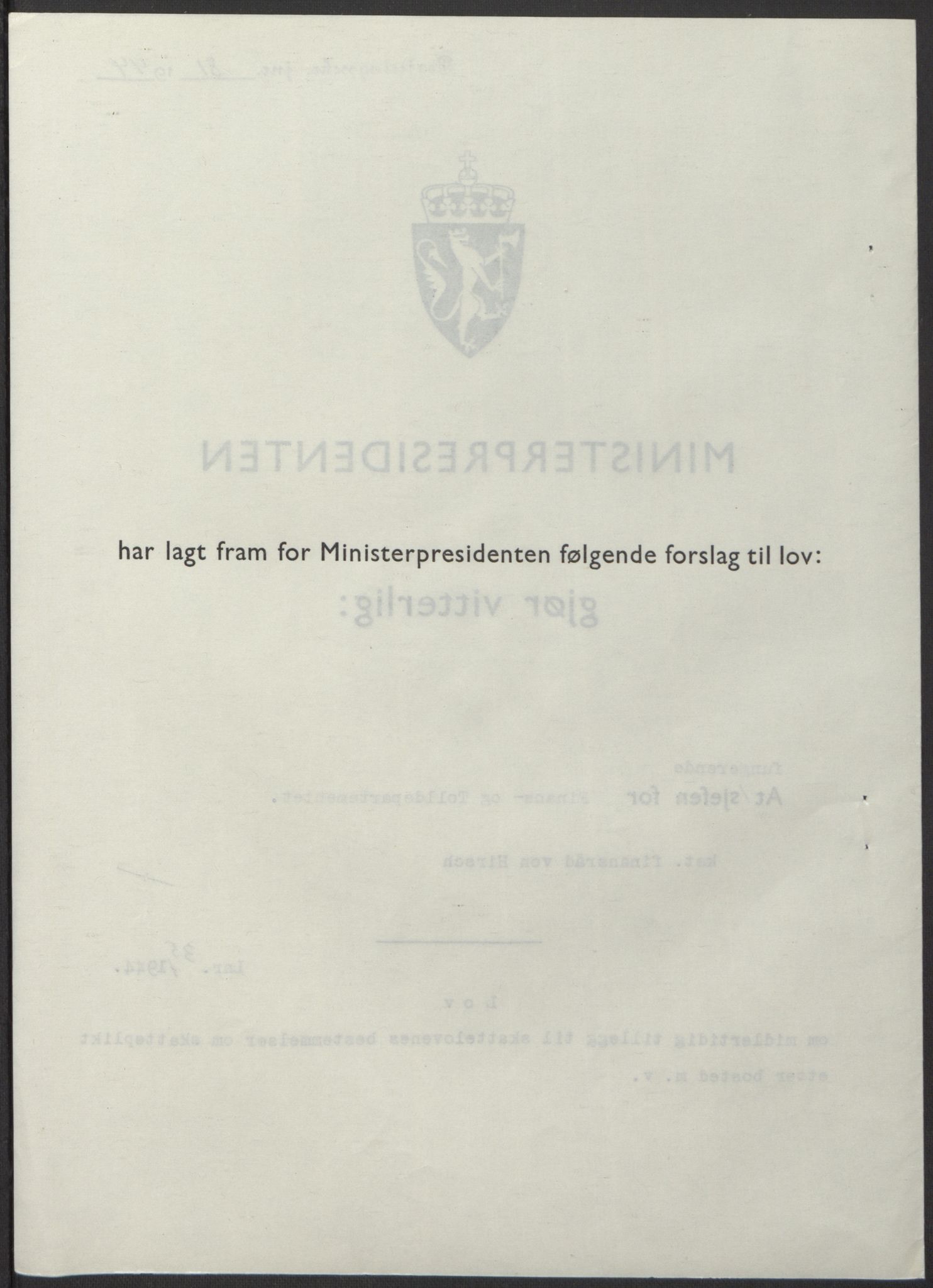 NS-administrasjonen 1940-1945 (Statsrådsekretariatet, de kommisariske statsråder mm), AV/RA-S-4279/D/Db/L0100: Lover, 1944, p. 174