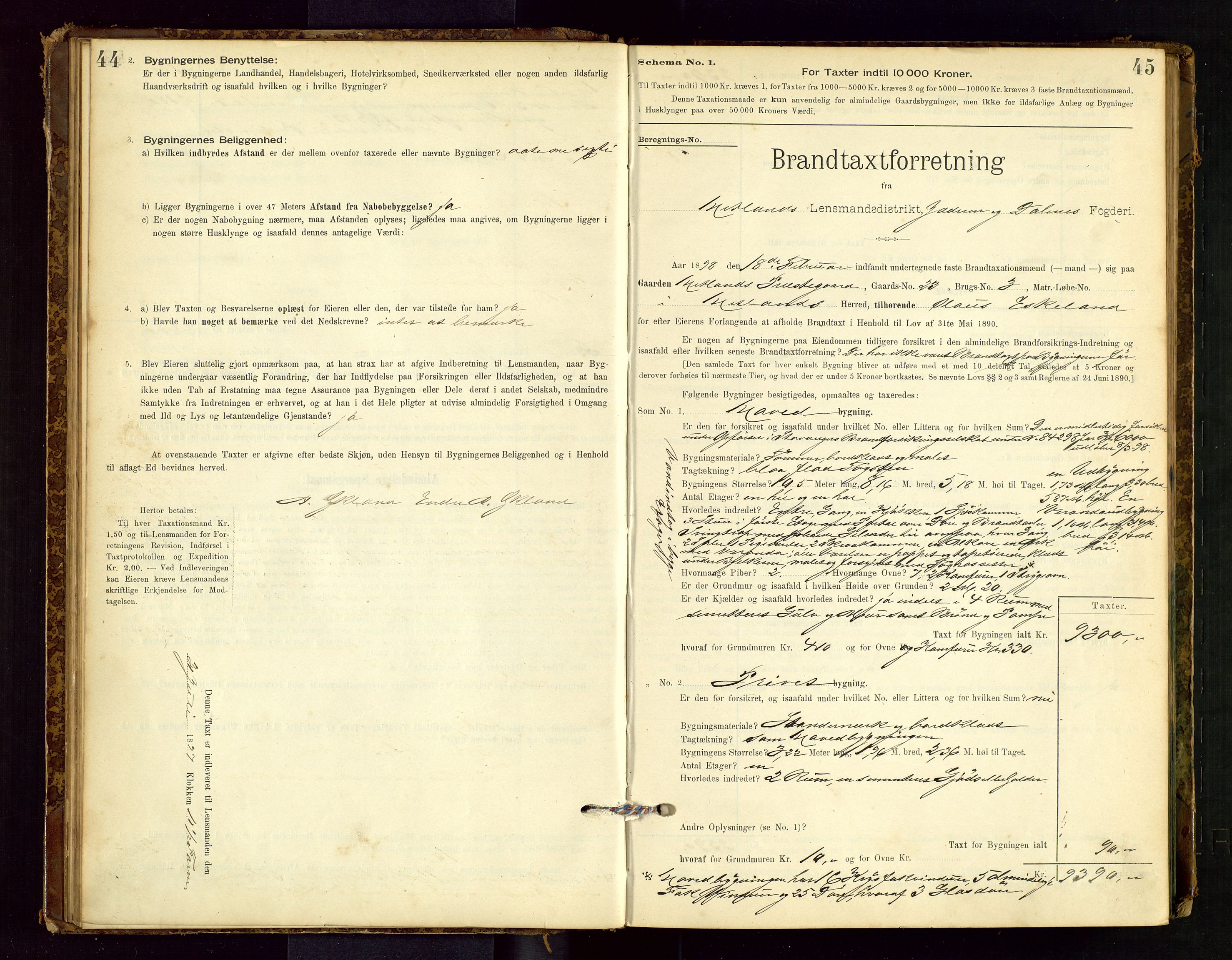 Hetland lensmannskontor, SAST/A-100101/Gob/L0001: "Brandtaxationsprotokol", 1895-1918, p. 44-45