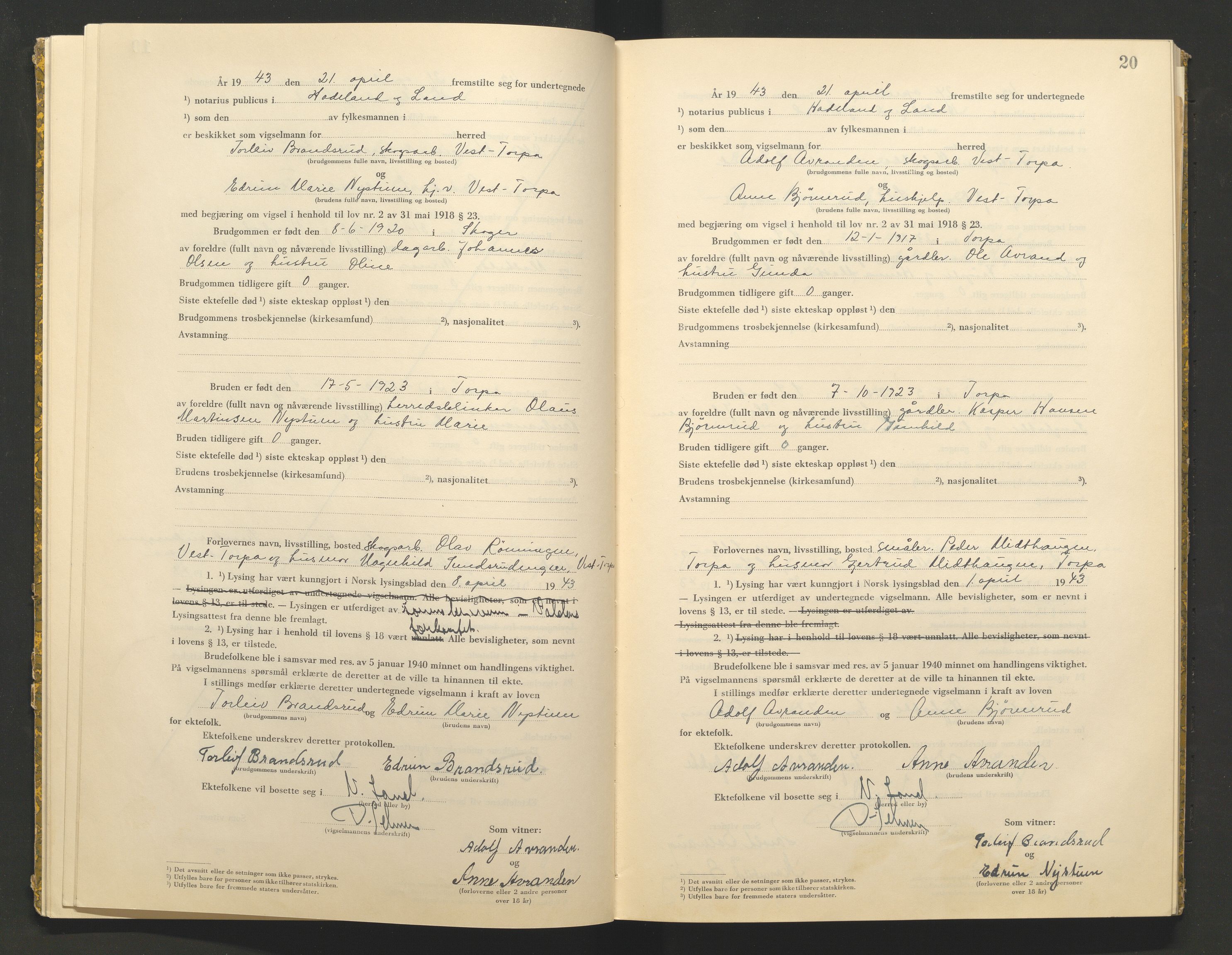 Hadeland og Land tingrett, AV/SAH-TING-010/L/Lb/L0002: Vigselbok, 1943-1944, p. 20