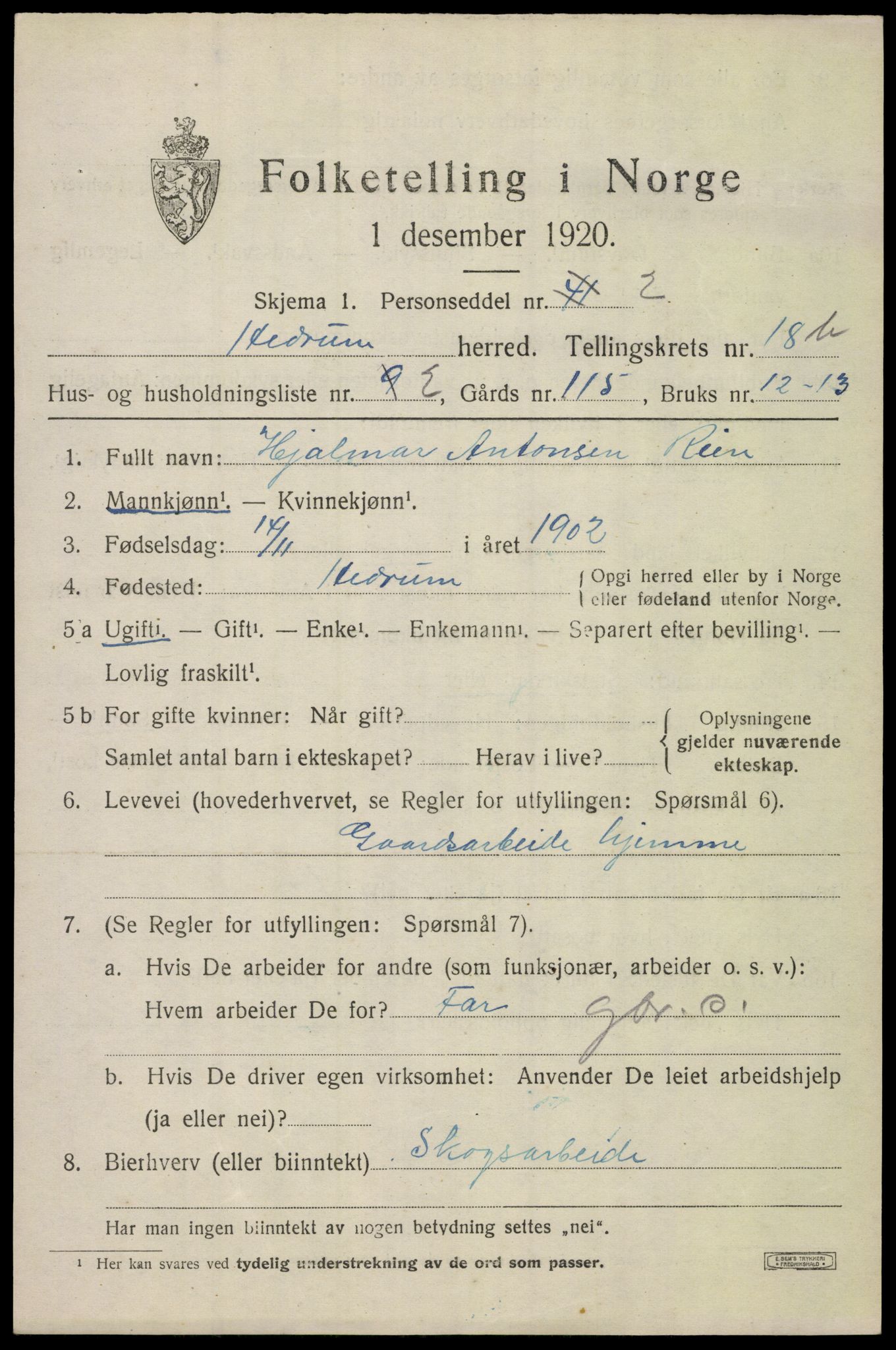 SAKO, 1920 census for Hedrum, 1920, p. 11021