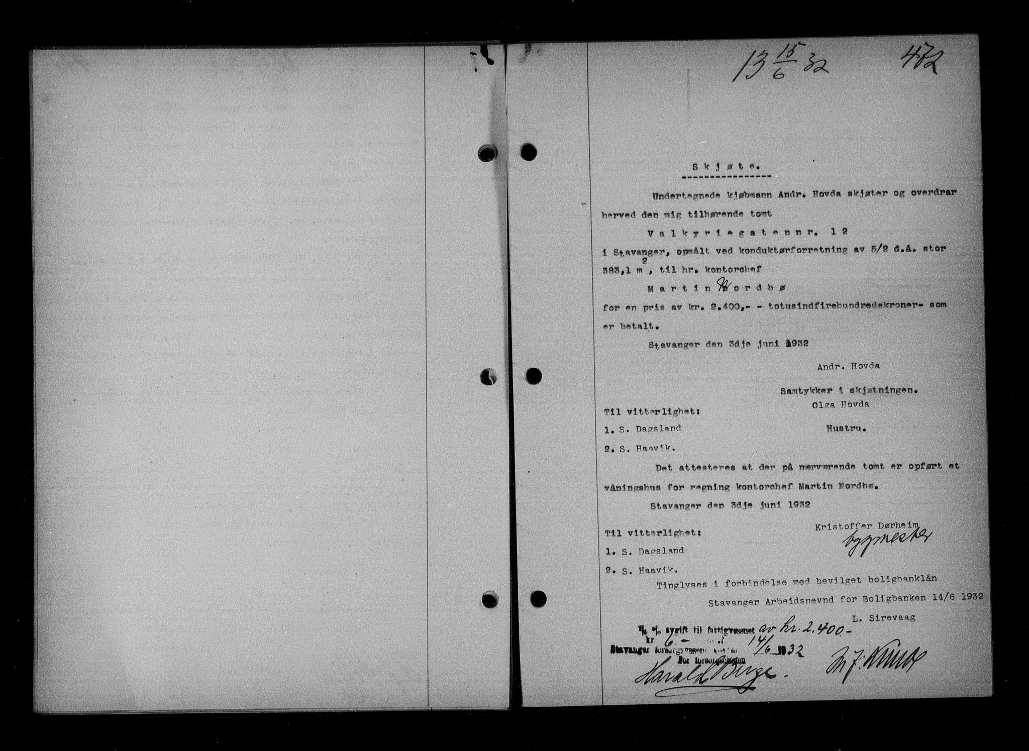 Stavanger byfogd, SAST/A-101408/001/4/41/410/410BB/L0061: Mortgage book no. 51, 1932-1932, Deed date: 15.06.1932