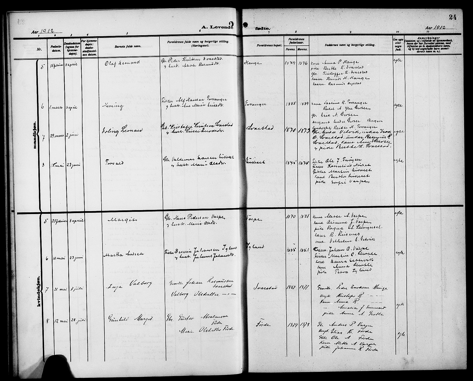 Bremanger sokneprestembete, AV/SAB-A-82201/H/Hab/Habc/L0001: Parish register (copy) no. C 1, 1908-1919, p. 24