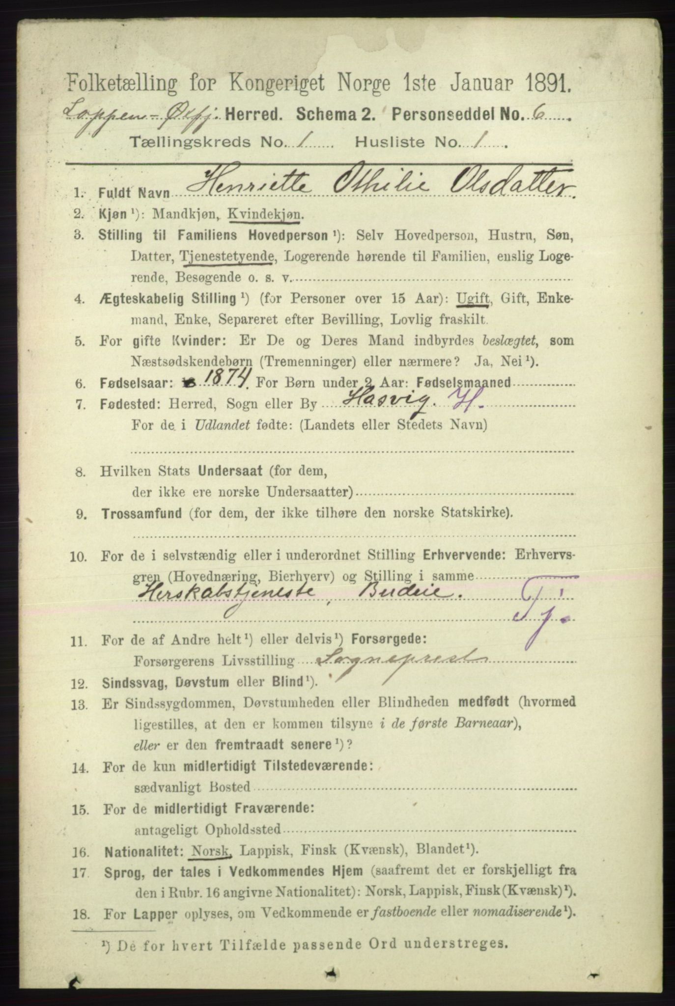 RA, 1891 census for 2014 Loppa, 1891, p. 74