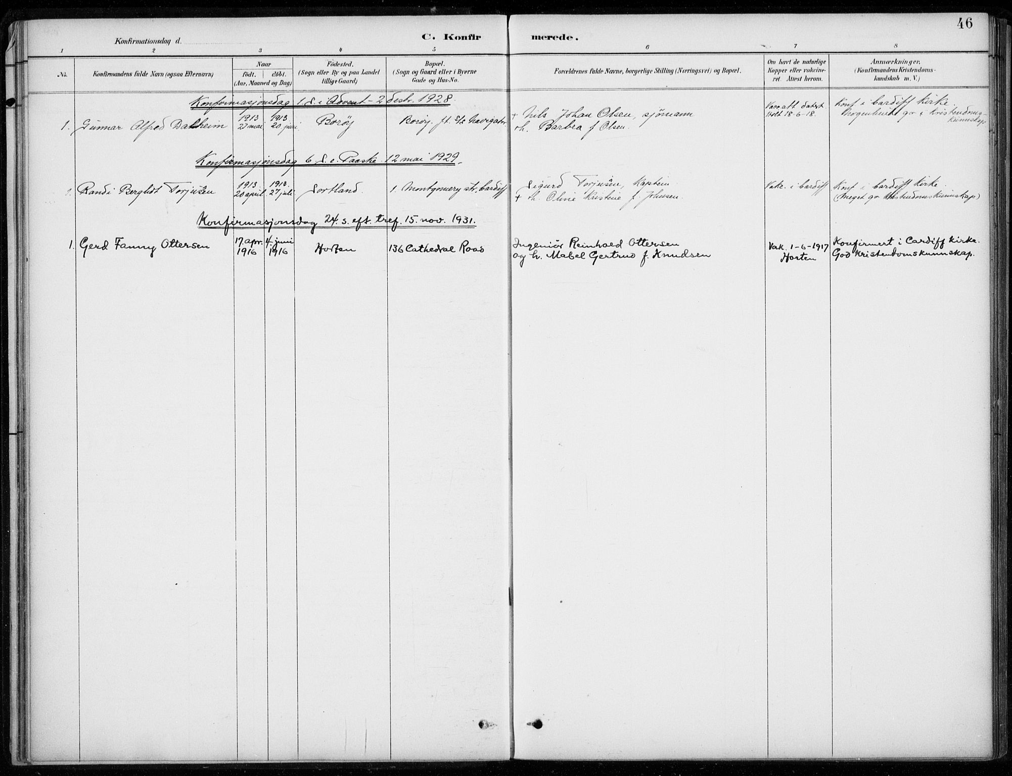 Den norske sjømannsmisjon i utlandet/Bristolhavnene(Cardiff-Swansea), SAB/SAB/PA-0102/H/Ha/Haa/L0002: Parish register (official) no. A 2, 1887-1932, p. 46