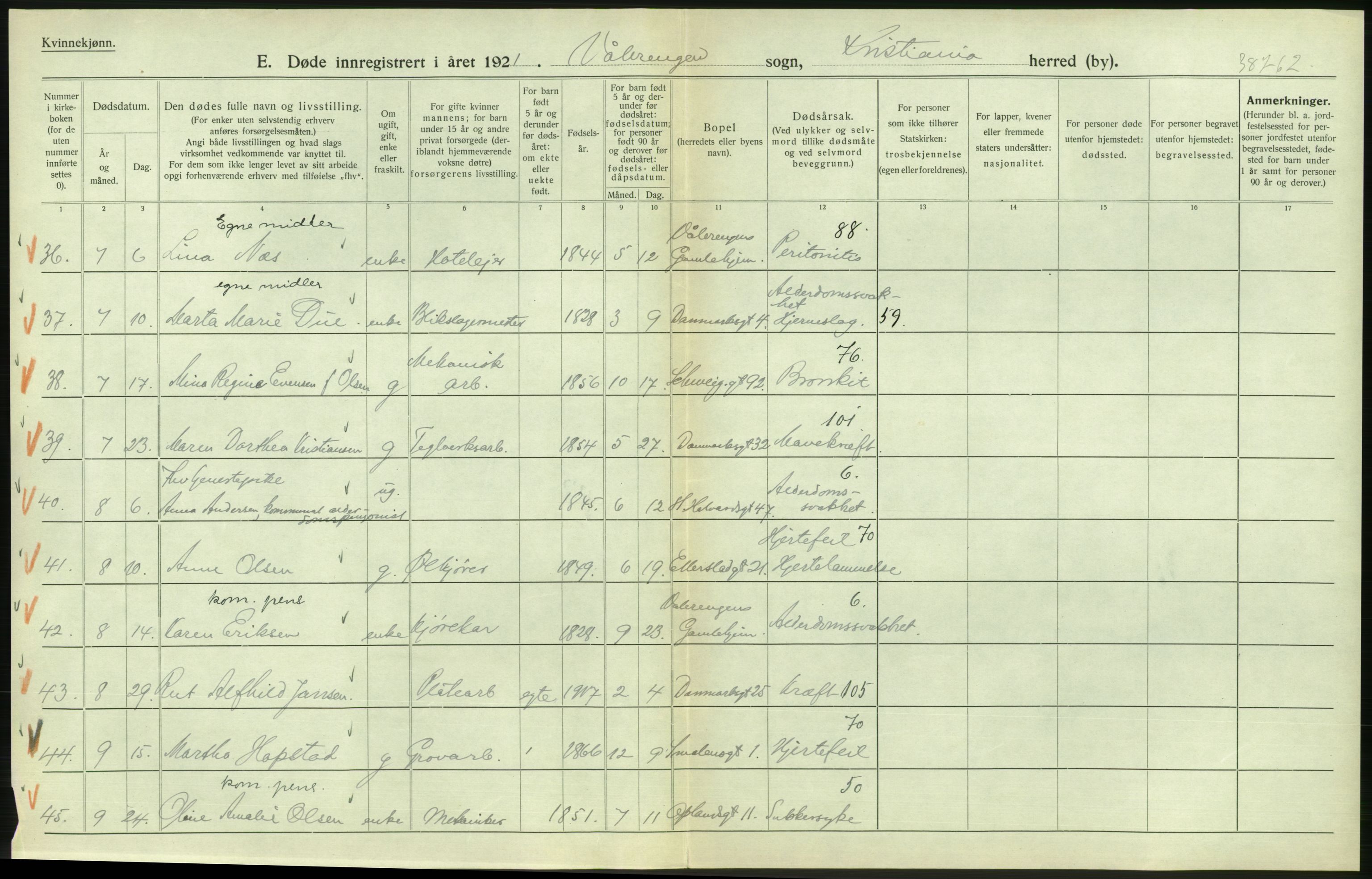 Statistisk sentralbyrå, Sosiodemografiske emner, Befolkning, RA/S-2228/D/Df/Dfc/Dfca/L0013: Kristiania: Døde, dødfødte, 1921, p. 292