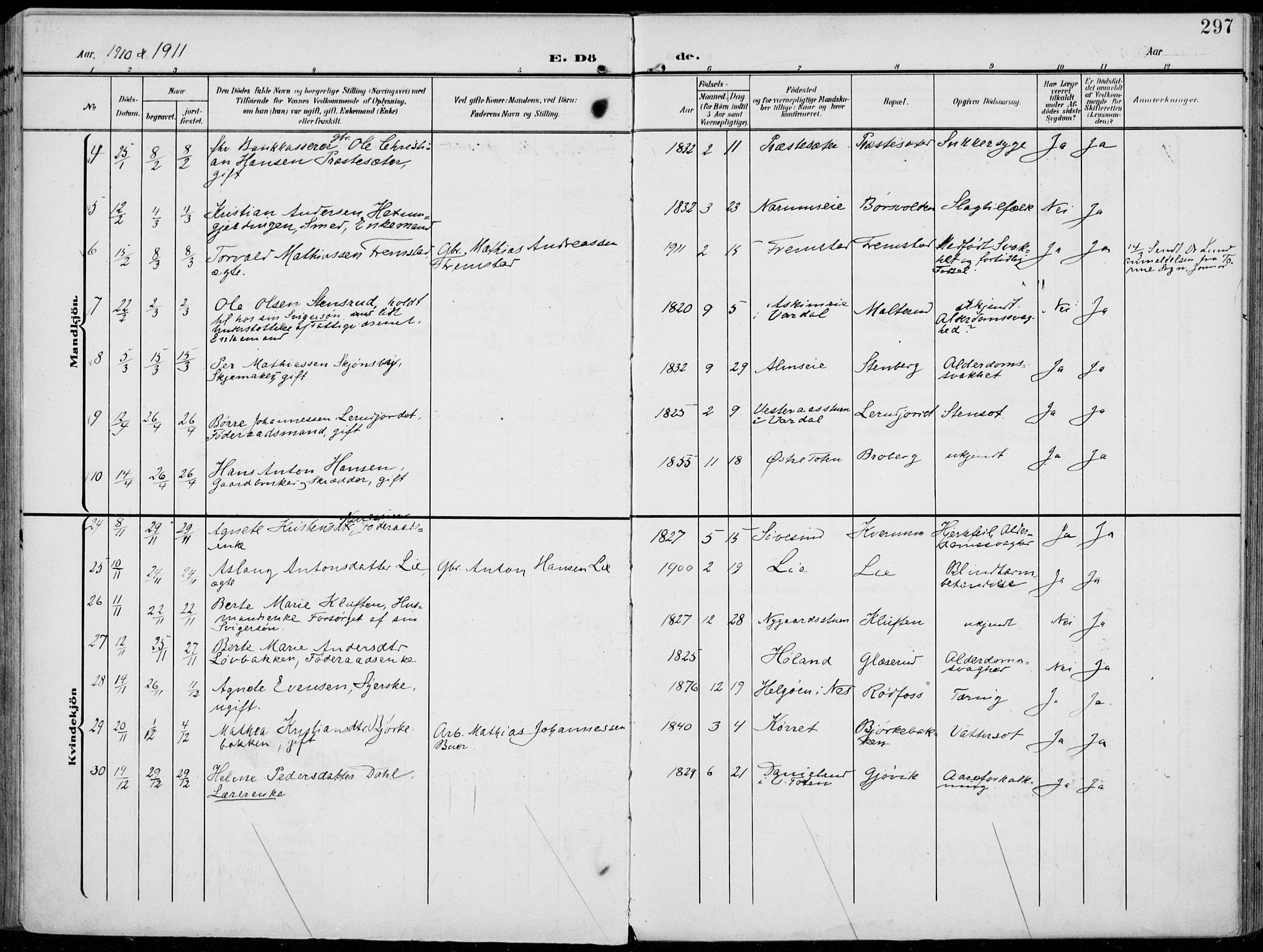 Vestre Toten prestekontor, SAH/PREST-108/H/Ha/Haa/L0014: Parish register (official) no. 14, 1907-1920, p. 297
