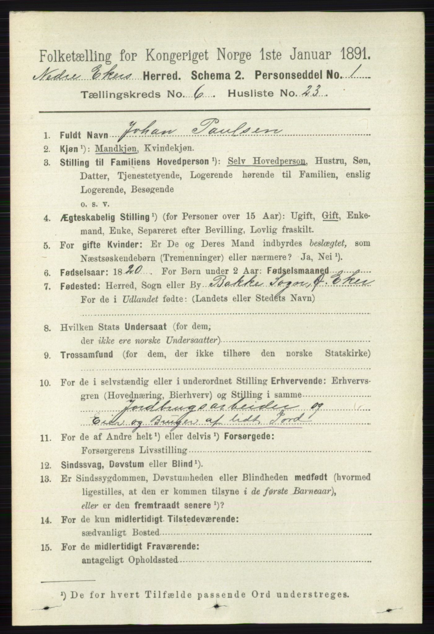 RA, 1891 census for 0625 Nedre Eiker, 1891, p. 3021