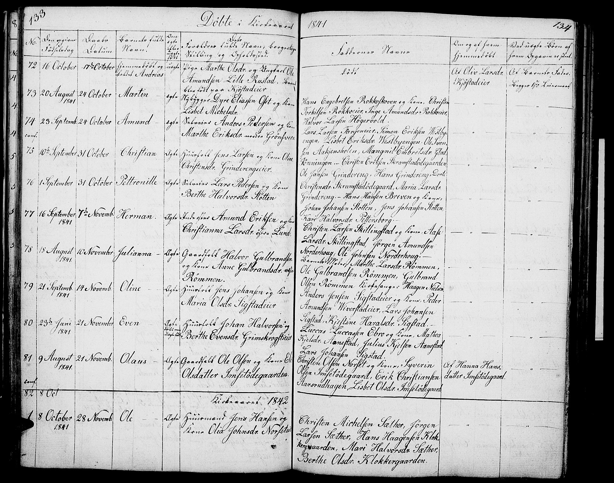 Løten prestekontor, SAH/PREST-022/L/La/L0002: Parish register (copy) no. 2, 1832-1850, p. 133-134