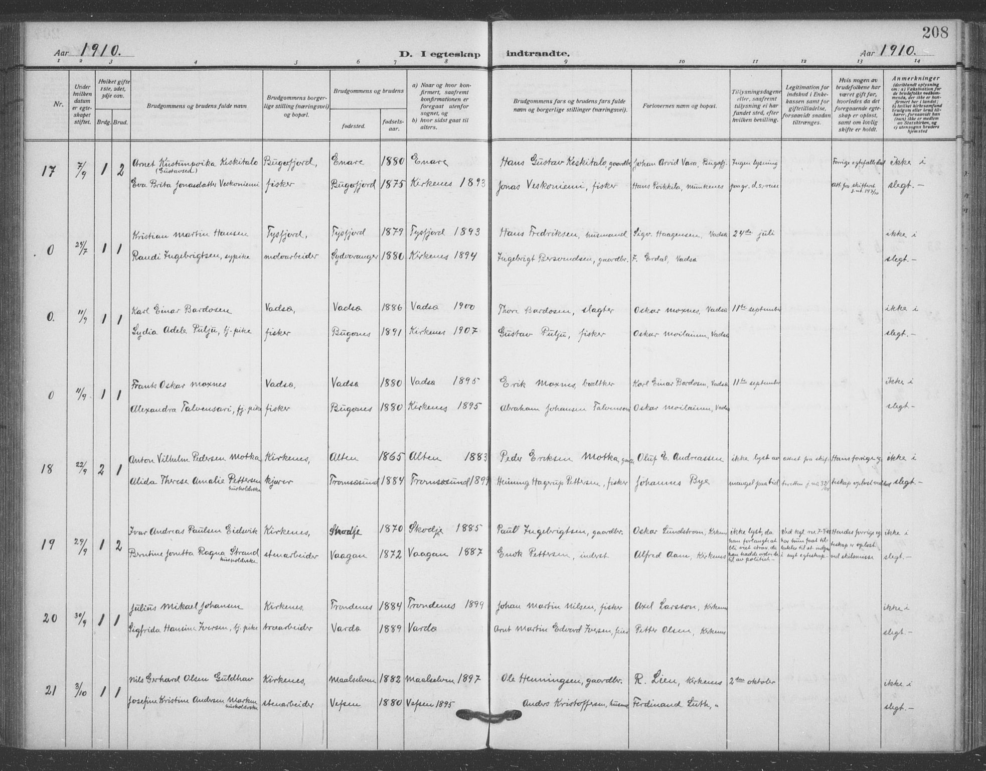 Sør-Varanger sokneprestkontor, SATØ/S-1331/H/Ha/L0005kirke: Parish register (official) no. 5, 1909-1919, p. 208