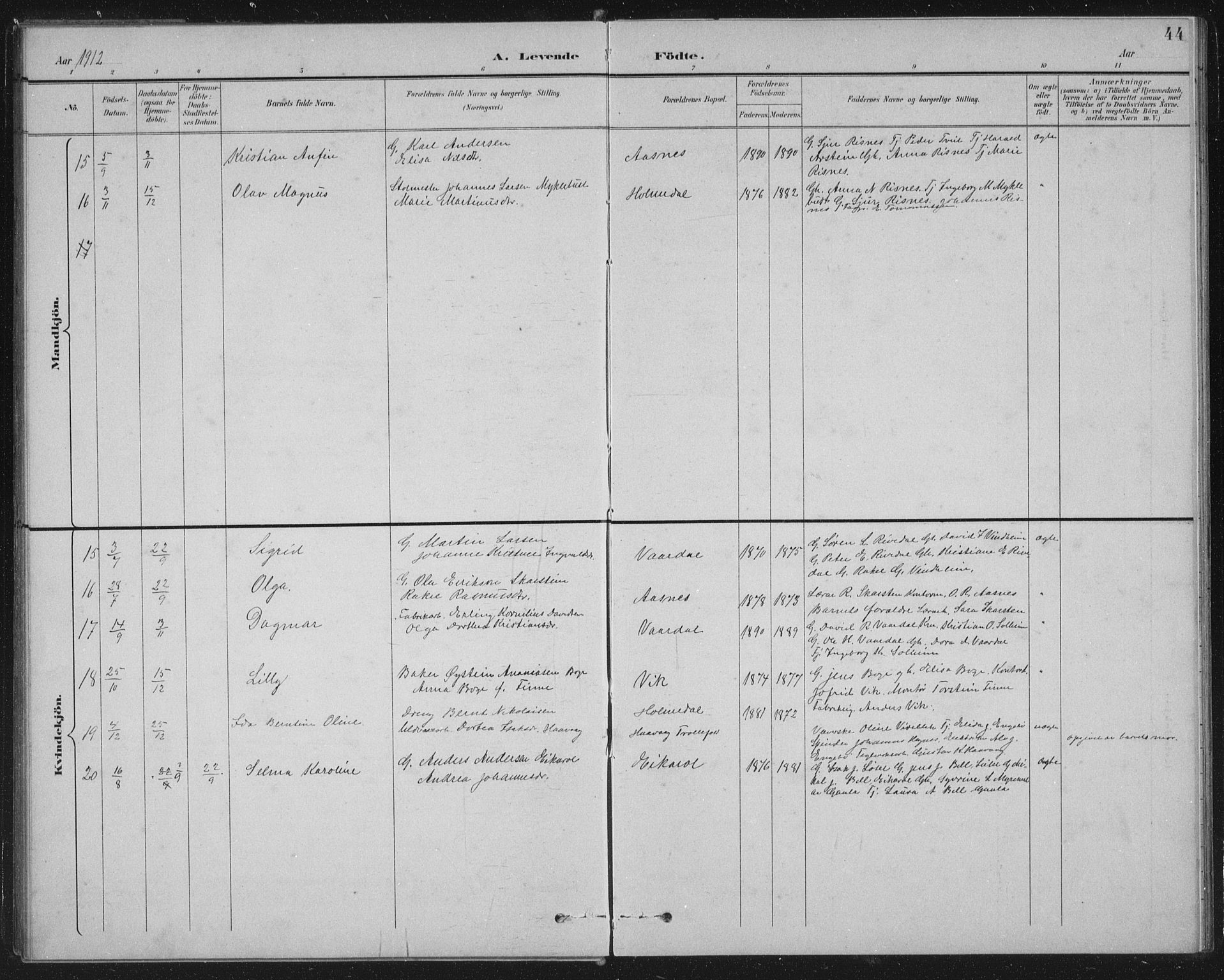 Fjaler sokneprestembete, AV/SAB-A-79801/H/Hab/Habb/L0002: Parish register (copy) no. B 2, 1895-1915, p. 44