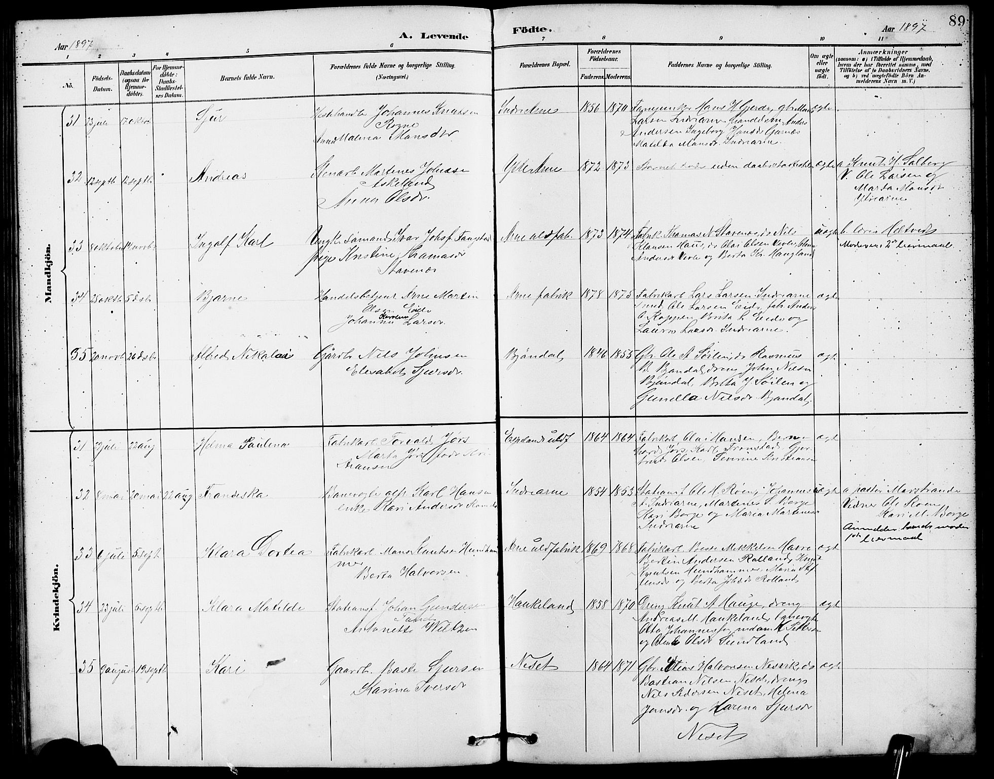 Arna sokneprestembete, AV/SAB-A-74001/H/Ha/Hab: Parish register (copy) no. A 3, 1887-1897, p. 89