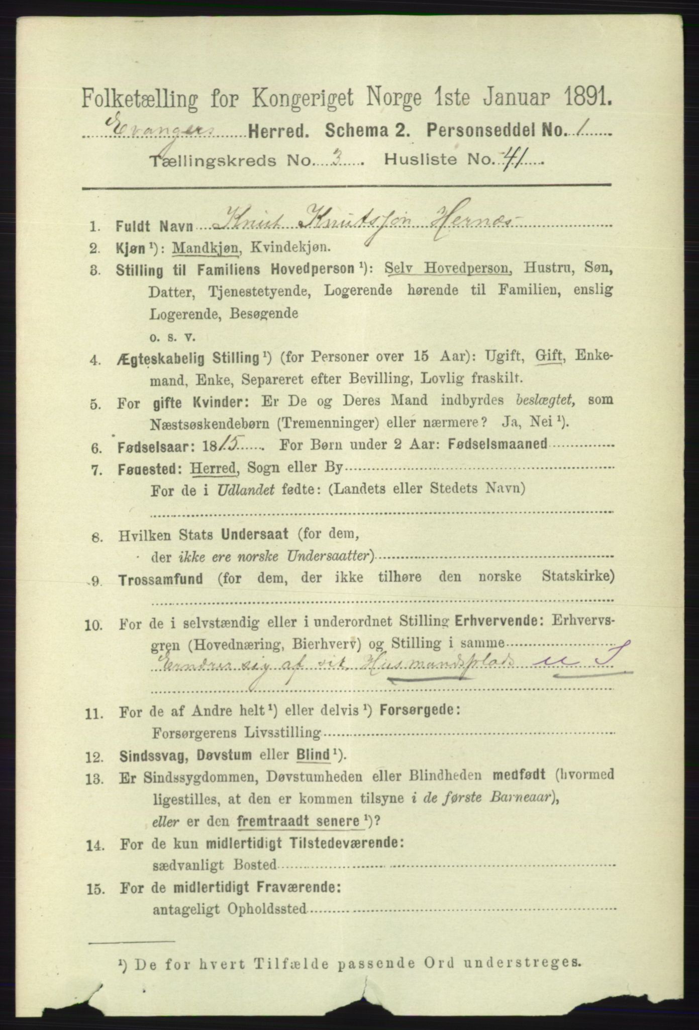 RA, 1891 census for 1237 Evanger, 1891, p. 1100