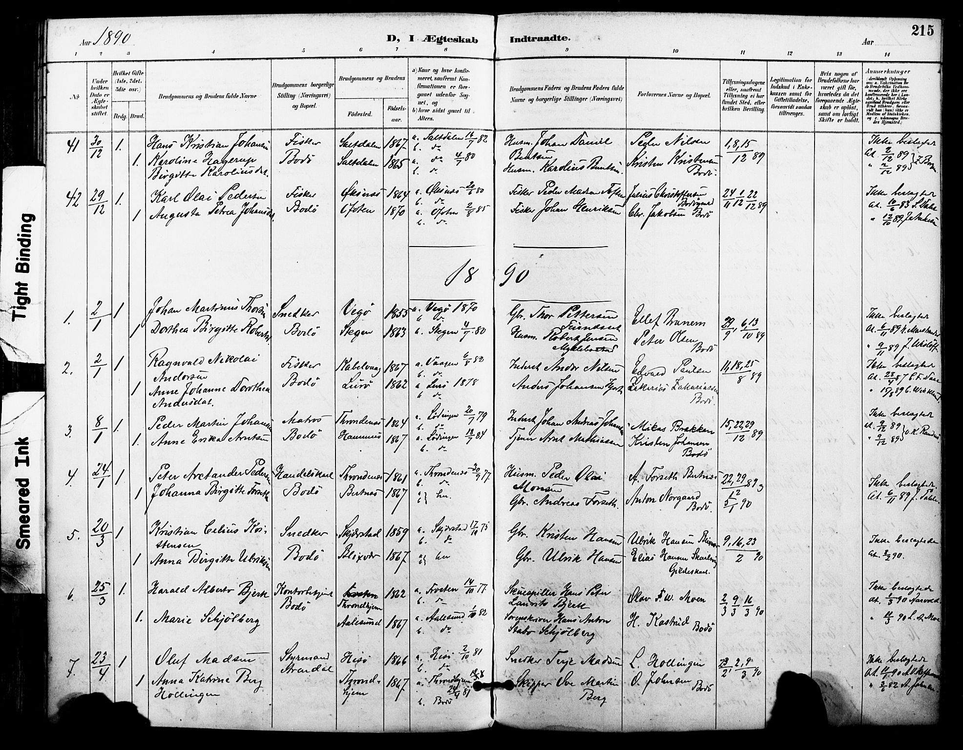 Ministerialprotokoller, klokkerbøker og fødselsregistre - Nordland, SAT/A-1459/801/L0010: Parish register (official) no. 801A10, 1888-1899, p. 215