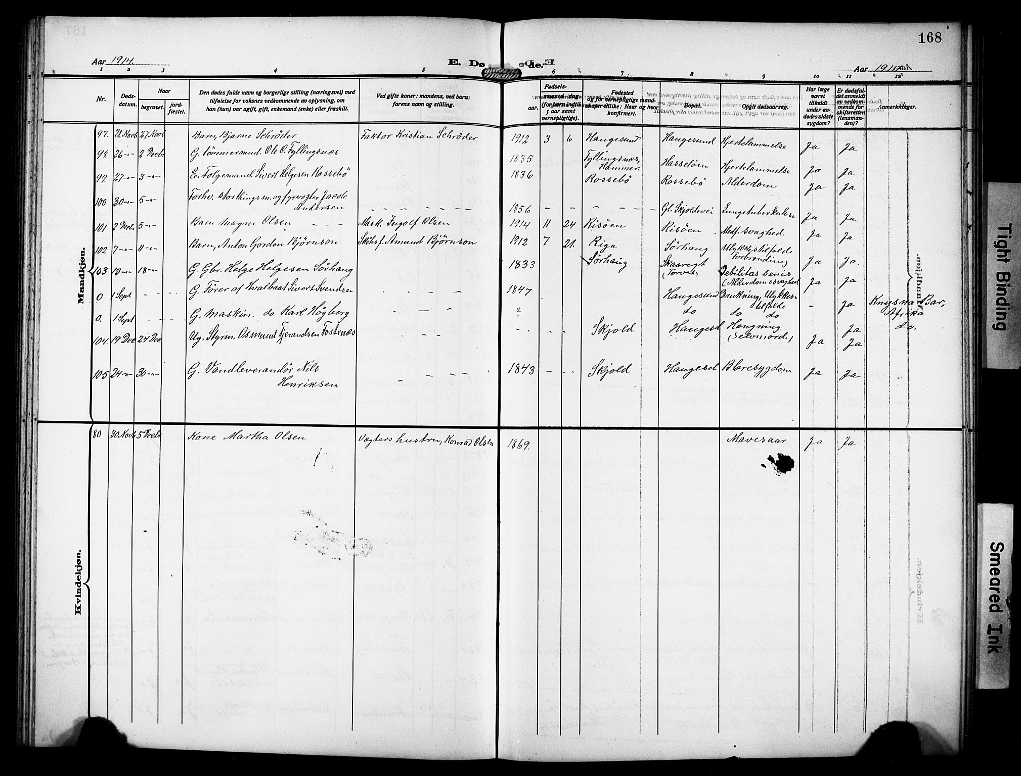 Haugesund sokneprestkontor, AV/SAST-A -101863/H/Ha/Hab/L0008: Parish register (copy) no. B 8, 1909-1921, p. 168