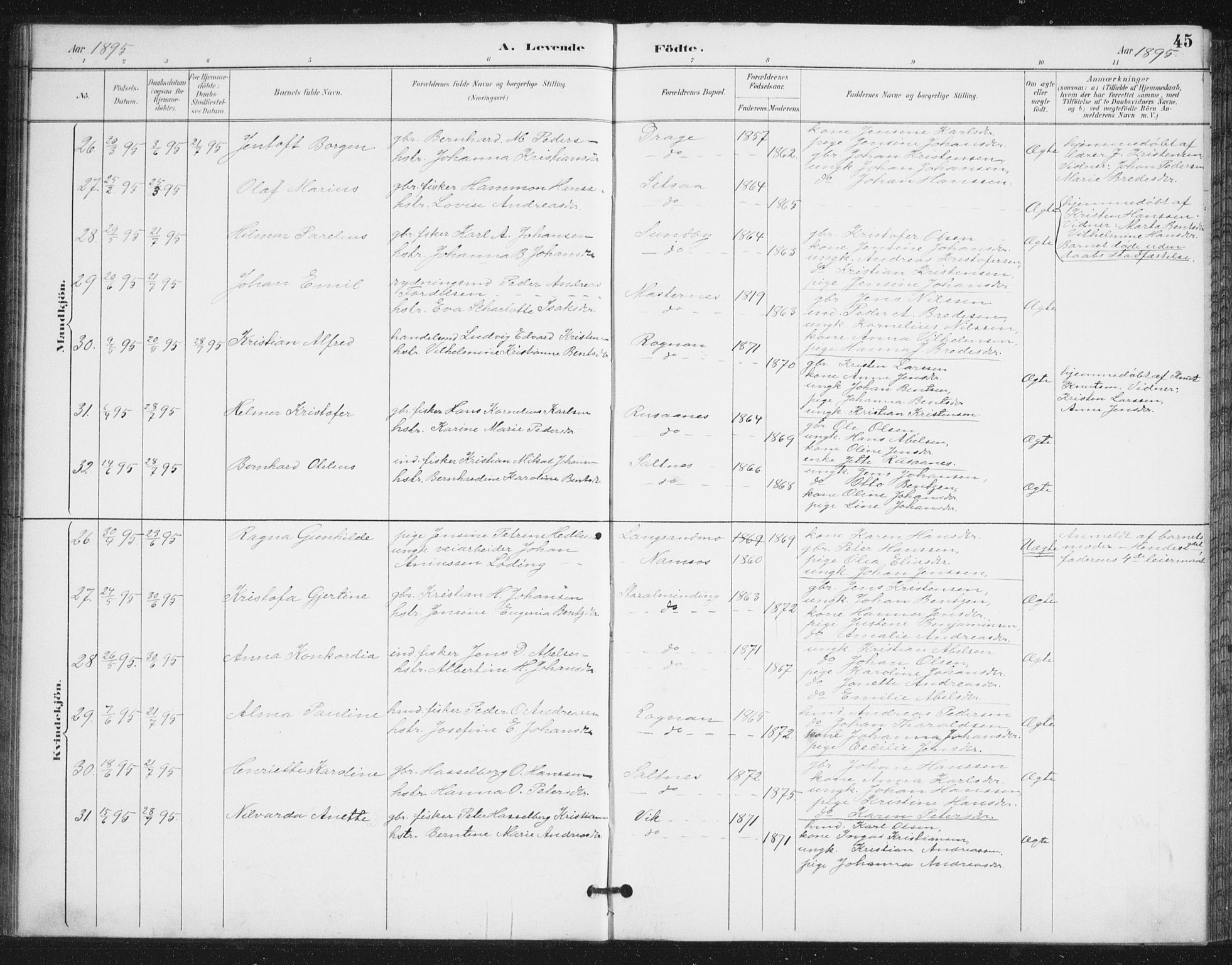 Ministerialprotokoller, klokkerbøker og fødselsregistre - Nordland, AV/SAT-A-1459/847/L0682: Parish register (copy) no. 847C10, 1889-1907, p. 45