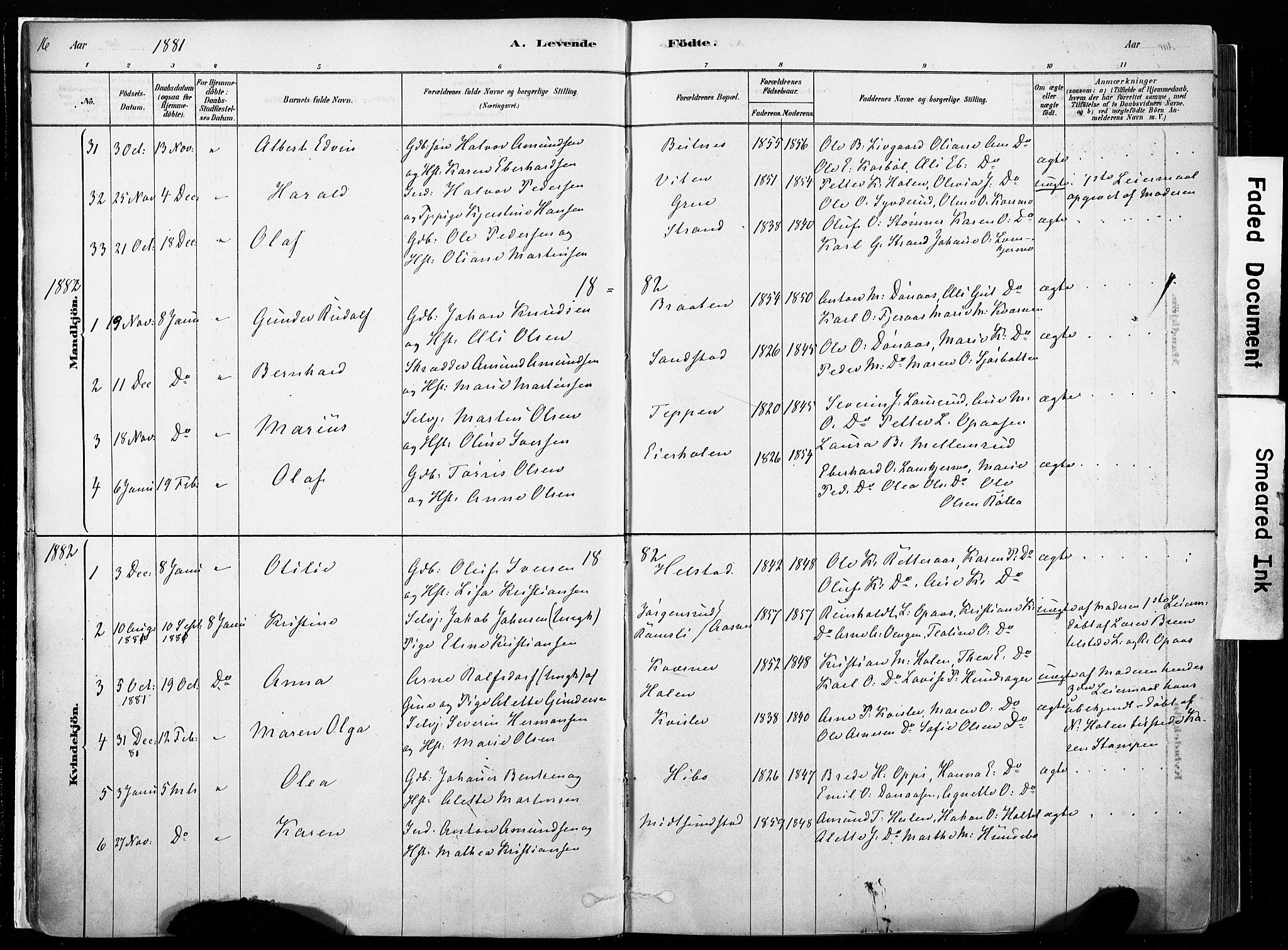 Hof prestekontor, SAH/PREST-038/H/Ha/Haa/L0010: Parish register (official) no. 10, 1878-1909, p. 16
