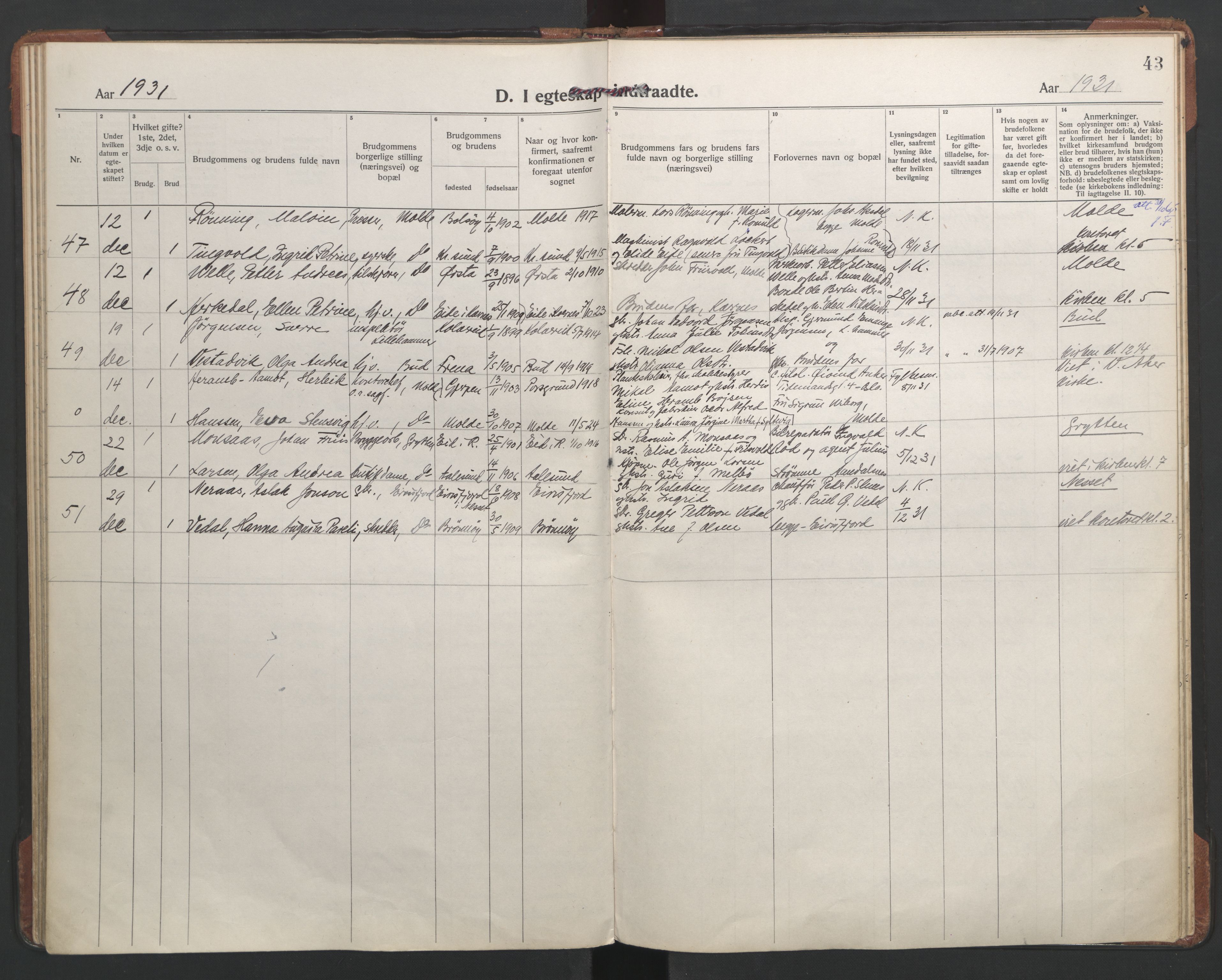 Ministerialprotokoller, klokkerbøker og fødselsregistre - Møre og Romsdal, AV/SAT-A-1454/558/L0698: Parish register (official) no. 558A12, 1922-1937, p. 43