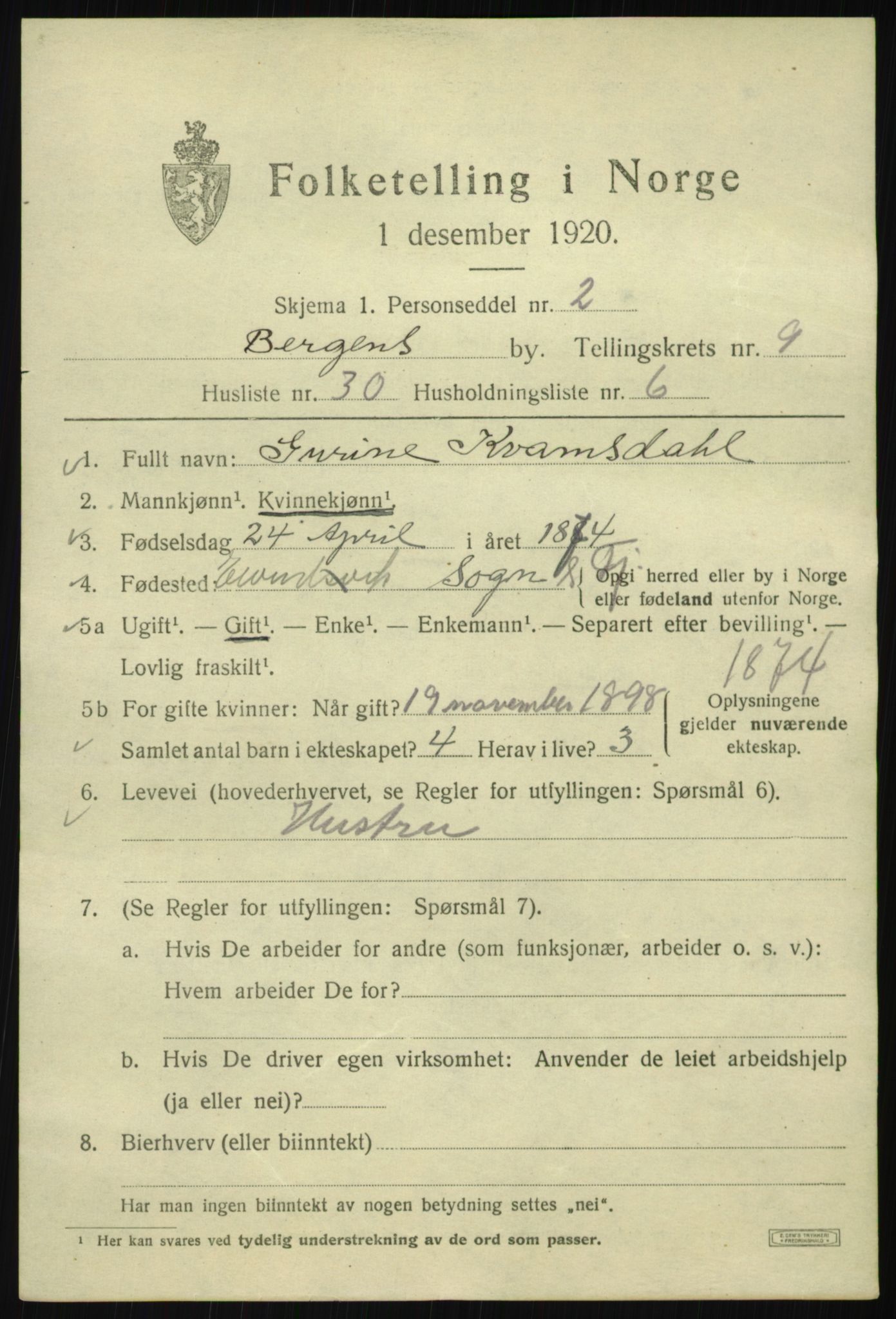 SAB, 1920 census for Bergen, 1920, p. 71333