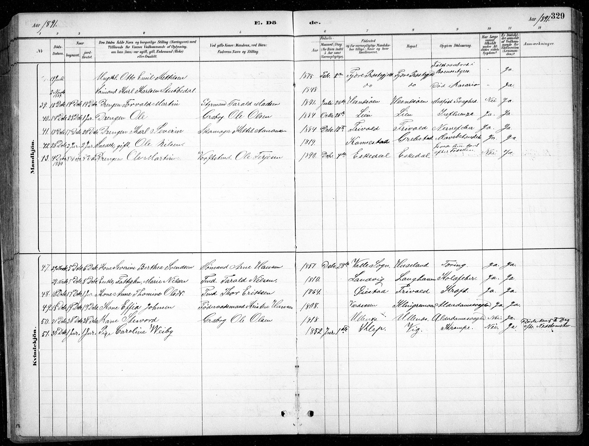 Fjære sokneprestkontor, AV/SAK-1111-0011/F/Fb/L0011: Parish register (copy) no. B 11, 1881-1905, p. 329