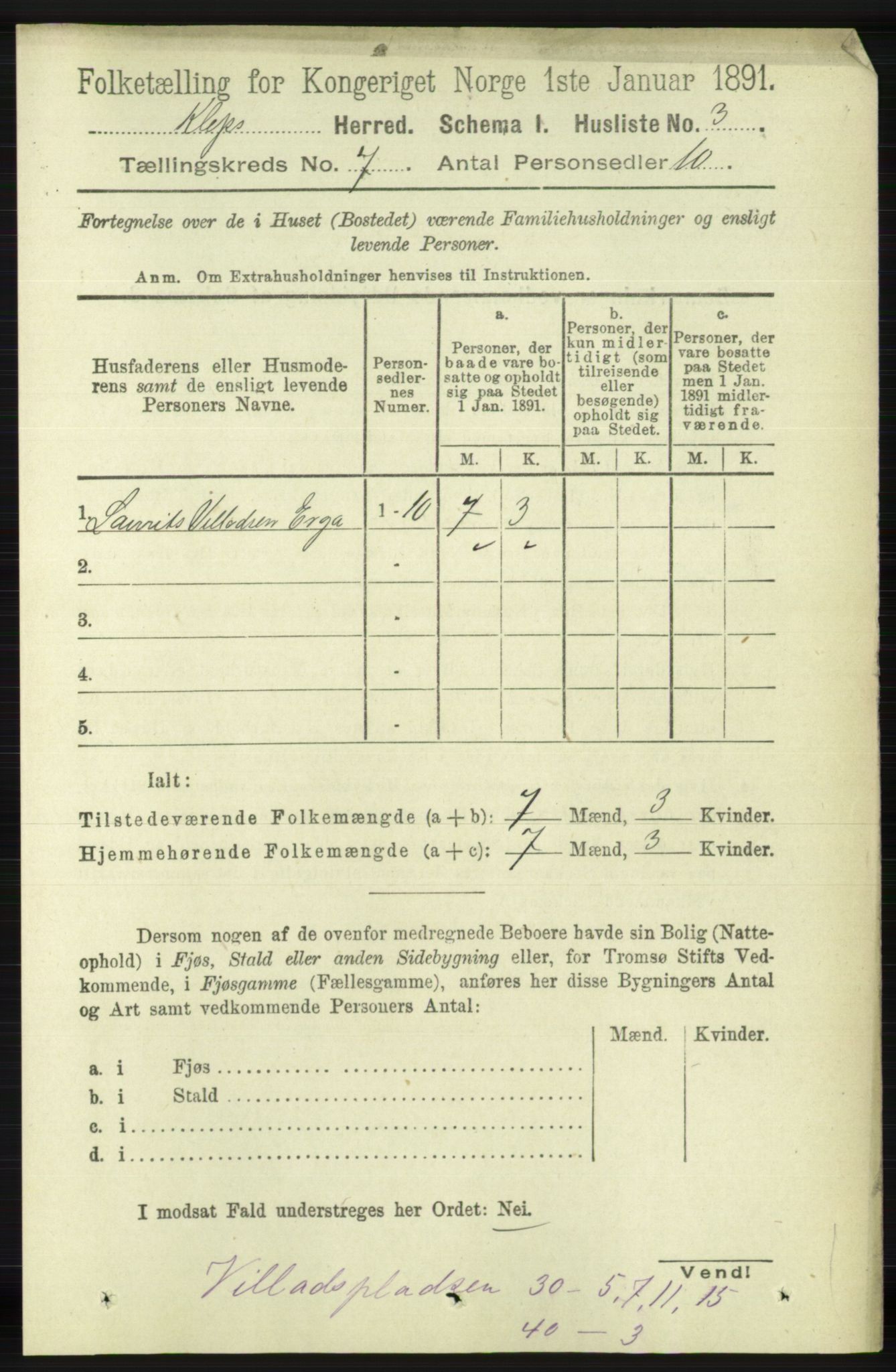 RA, 1891 census for 1120 Klepp, 1891, p. 2058