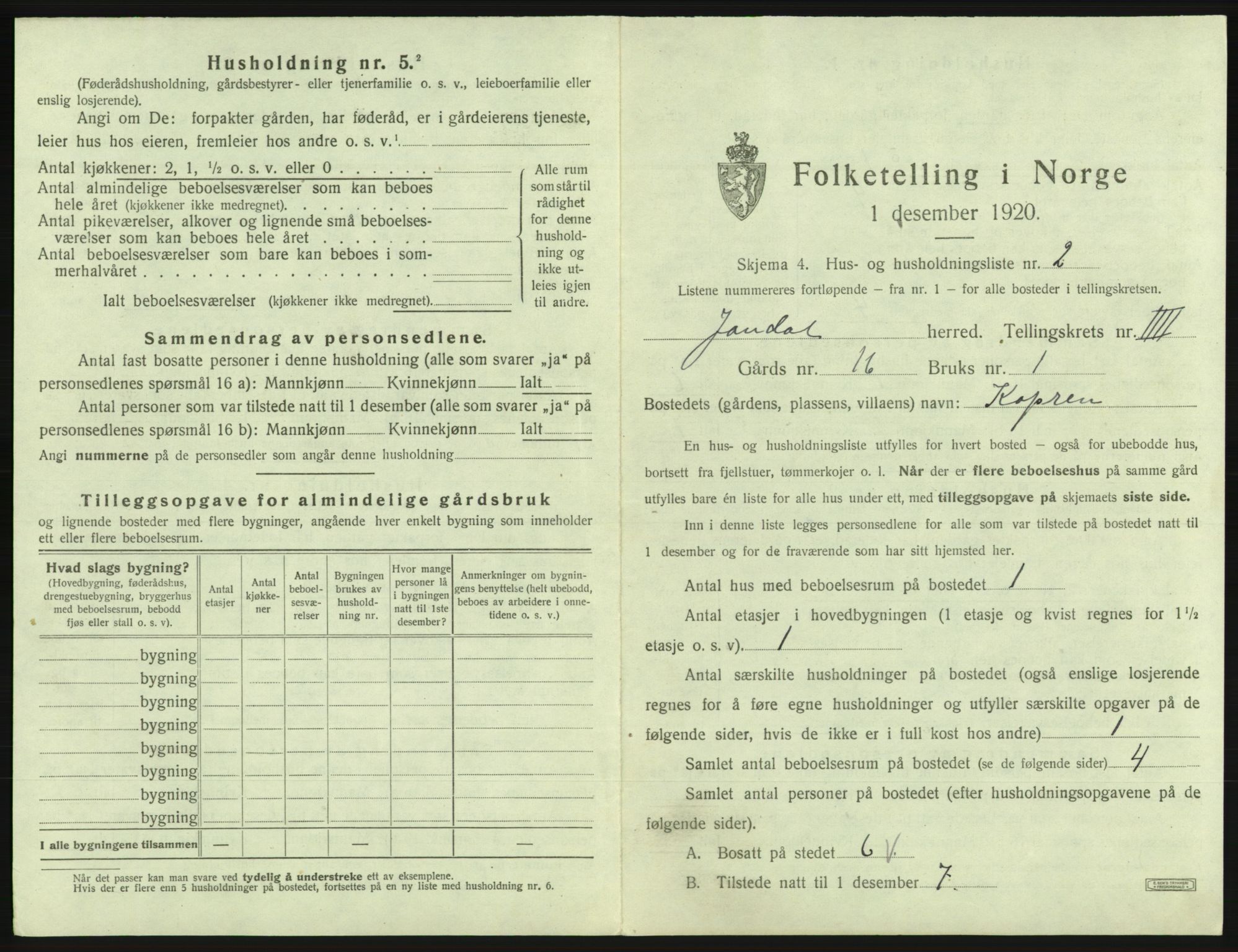 SAB, 1920 census for Jondal, 1920, p. 304