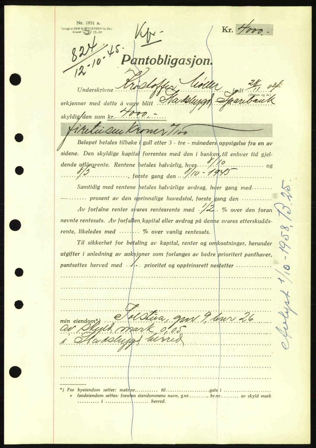 Fosen sorenskriveri, AV/SAT-A-1107/1/2/2C: Mortgage book no. B1, 1943-1945, Diary no: : 824/1945