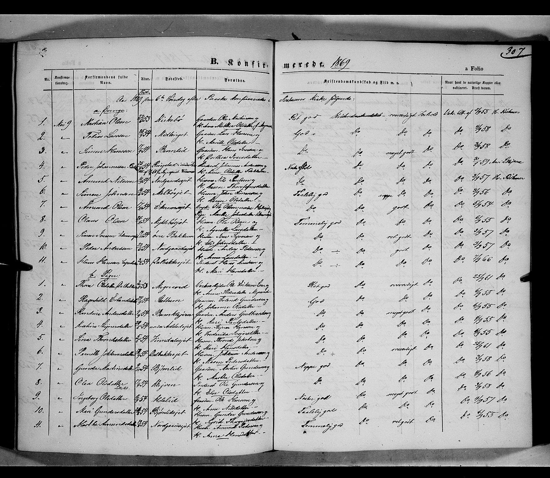 Gausdal prestekontor, SAH/PREST-090/H/Ha/Haa/L0009: Parish register (official) no. 9, 1862-1873, p. 307