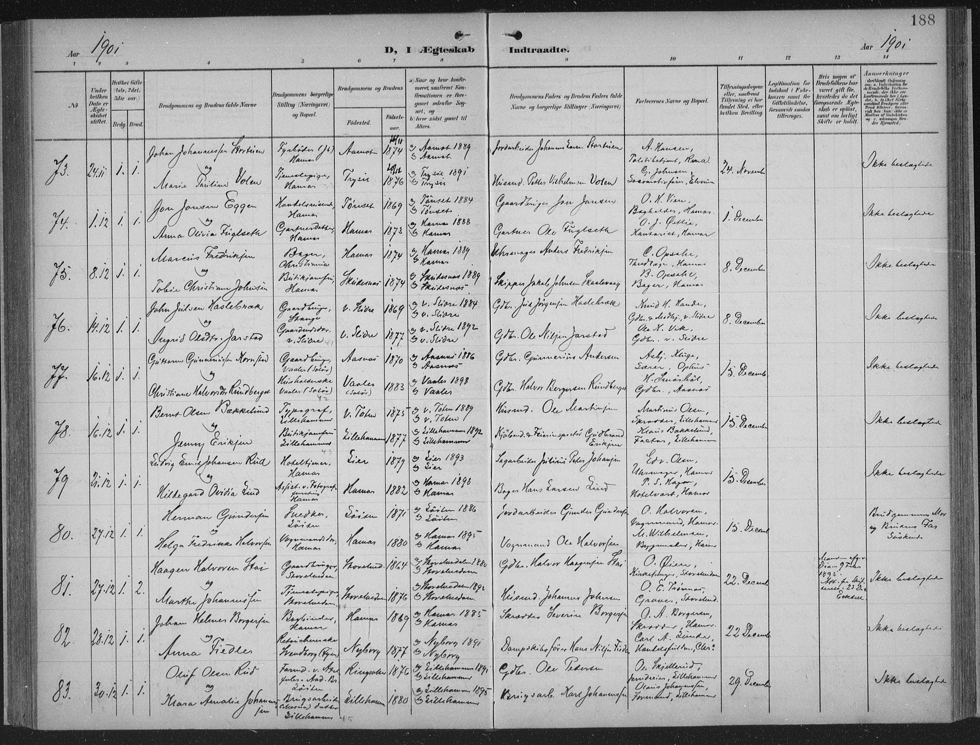 Hamar prestekontor, SAH/DOMPH-002/H/Ha/Haa/L0001: Parish register (official) no. 1, 1900-1914, p. 188