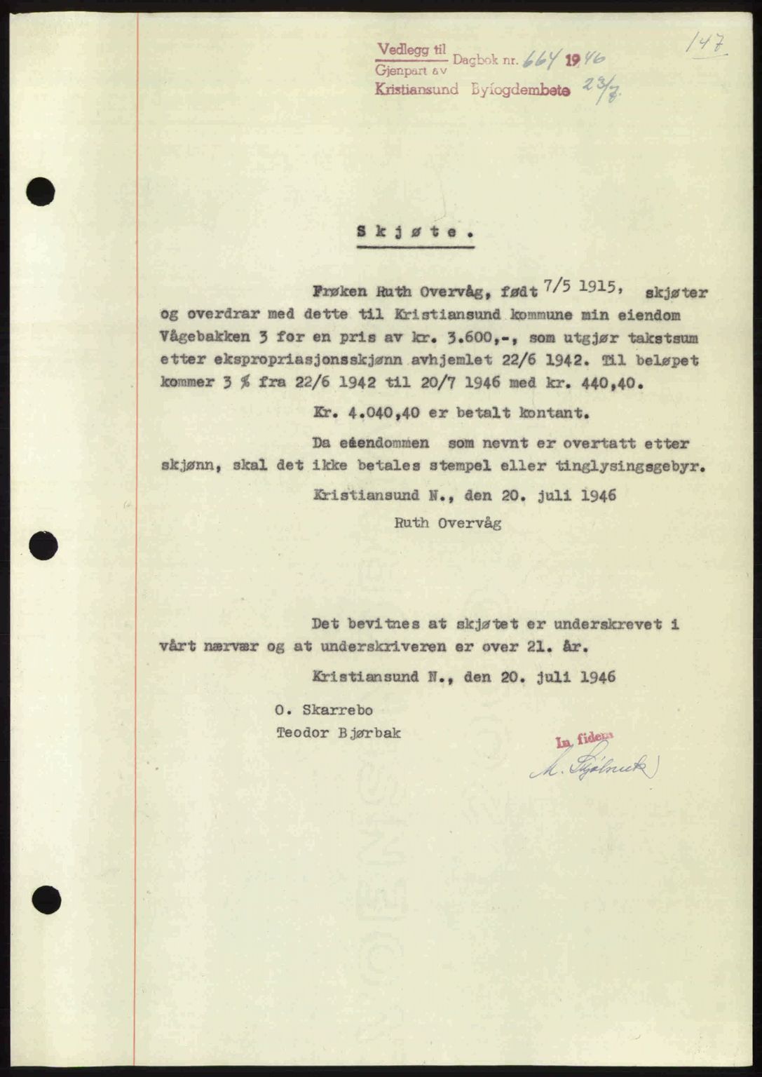 Kristiansund byfogd, AV/SAT-A-4587/A/27: Mortgage book no. 39b, 1946-1947, Diary no: : 664/1946