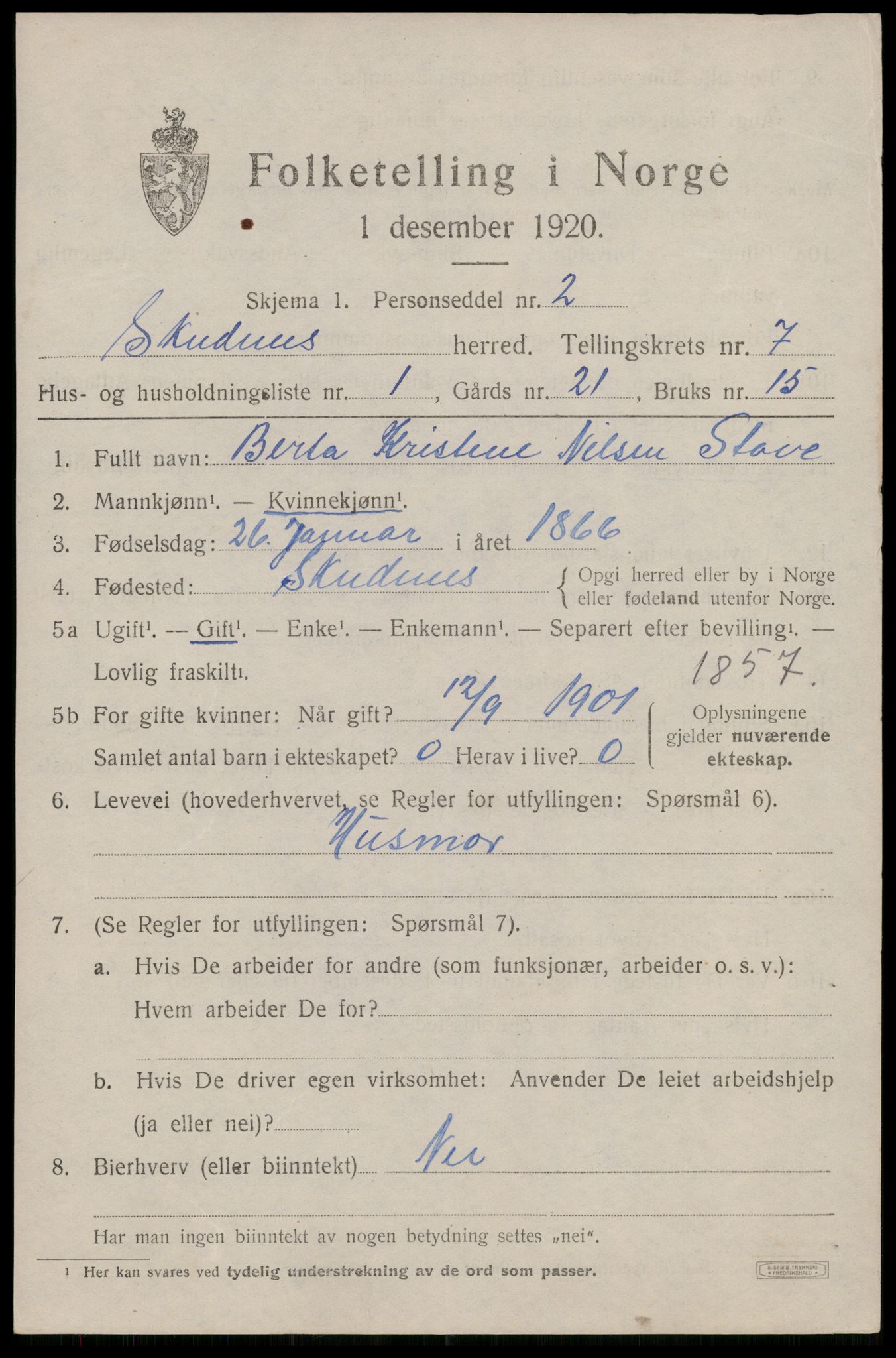 SAST, 1920 census for Skudenes, 1920, p. 5522