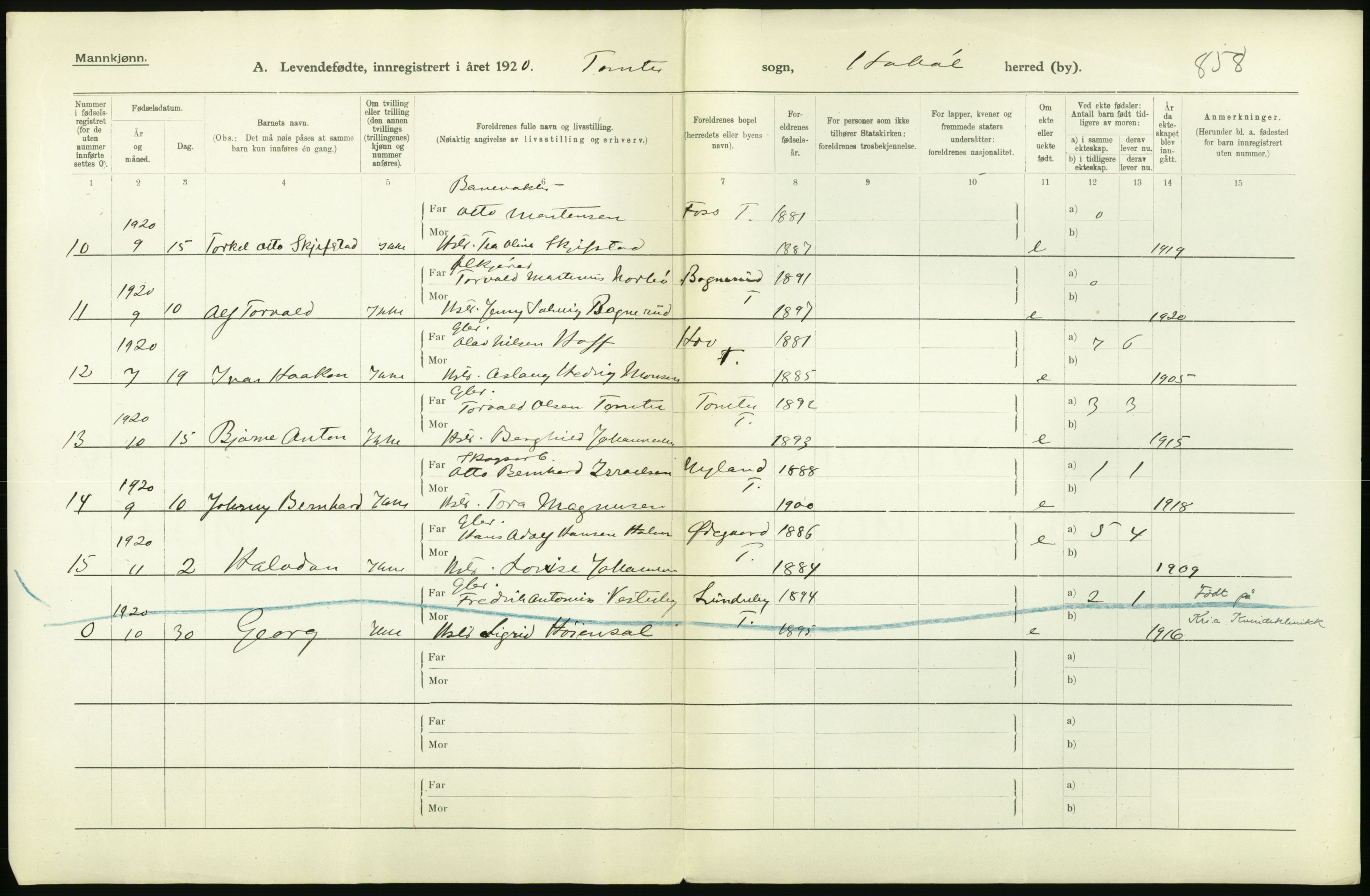 Statistisk sentralbyrå, Sosiodemografiske emner, Befolkning, RA/S-2228/D/Df/Dfb/Dfbj/L0001: Østfold fylke: Levendefødte menn og kvinner. Bygder., 1920, p. 2