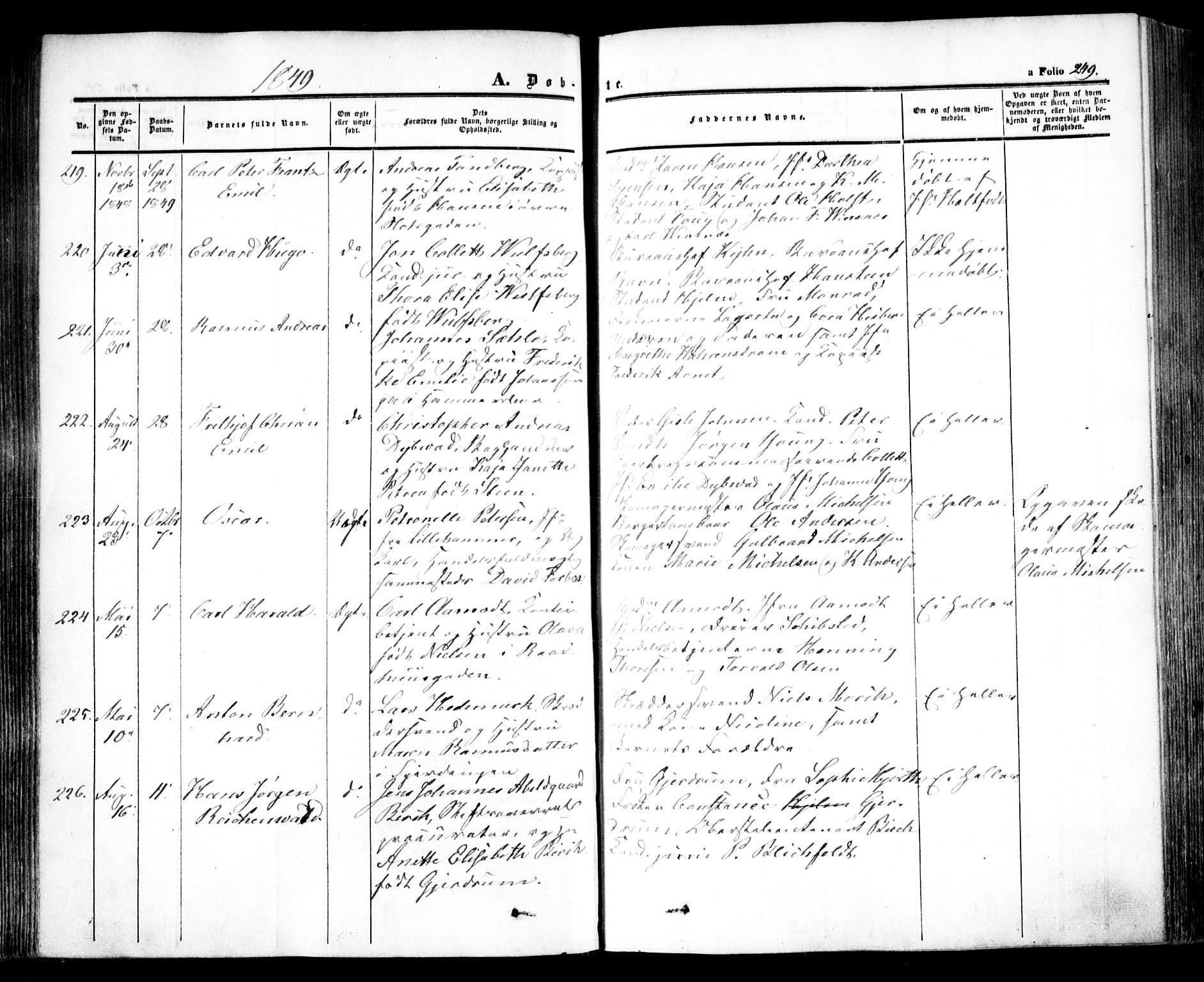 Oslo domkirke Kirkebøker, SAO/A-10752/F/Fa/L0013: Parish register (official) no. 13, 1844-1864, p. 249