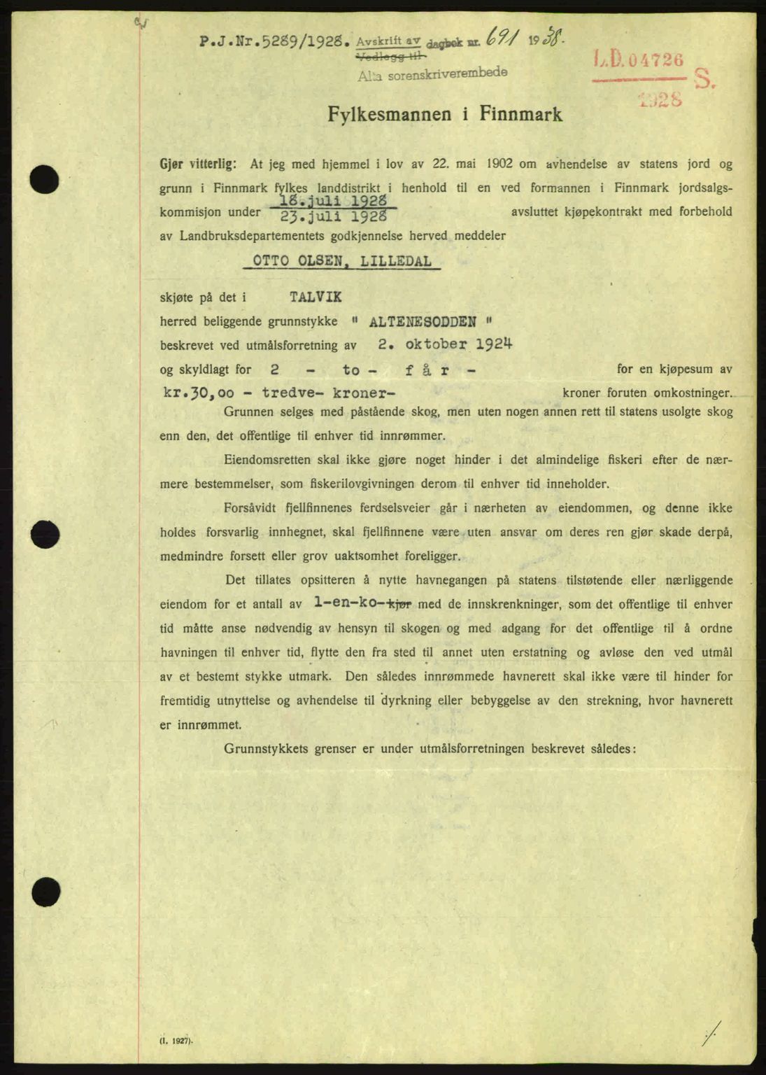 Alta fogderi/sorenskriveri, SATØ/SATØ-5/1/K/Kd/L0031pantebok: Mortgage book no. 31, 1938-1939, Diary no: : 691/1938