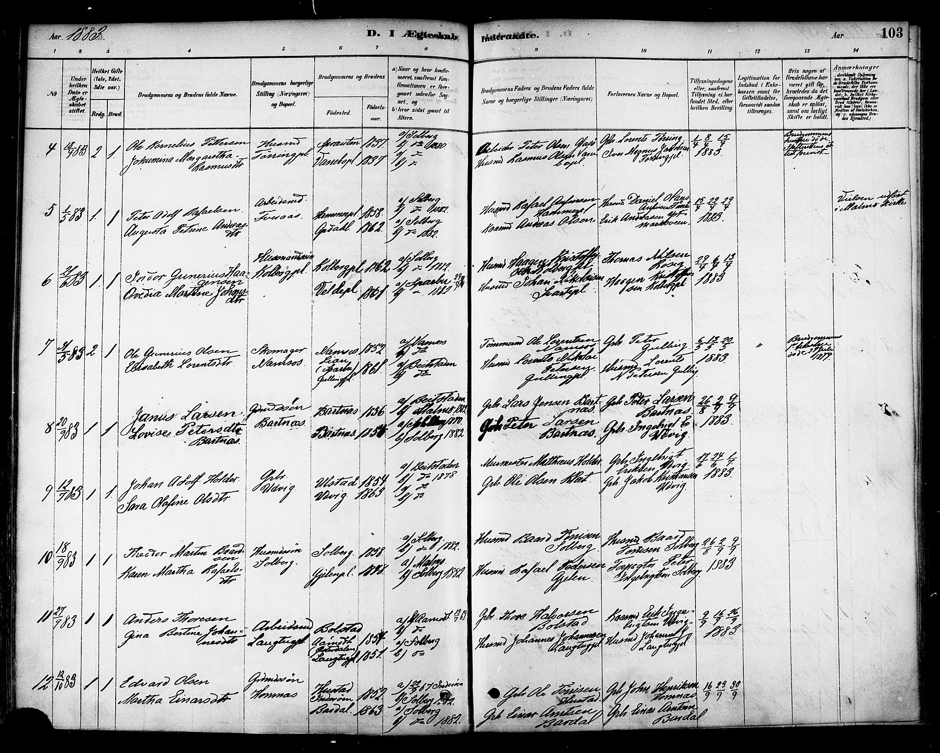 Ministerialprotokoller, klokkerbøker og fødselsregistre - Nord-Trøndelag, AV/SAT-A-1458/741/L0395: Parish register (official) no. 741A09, 1878-1888, p. 103