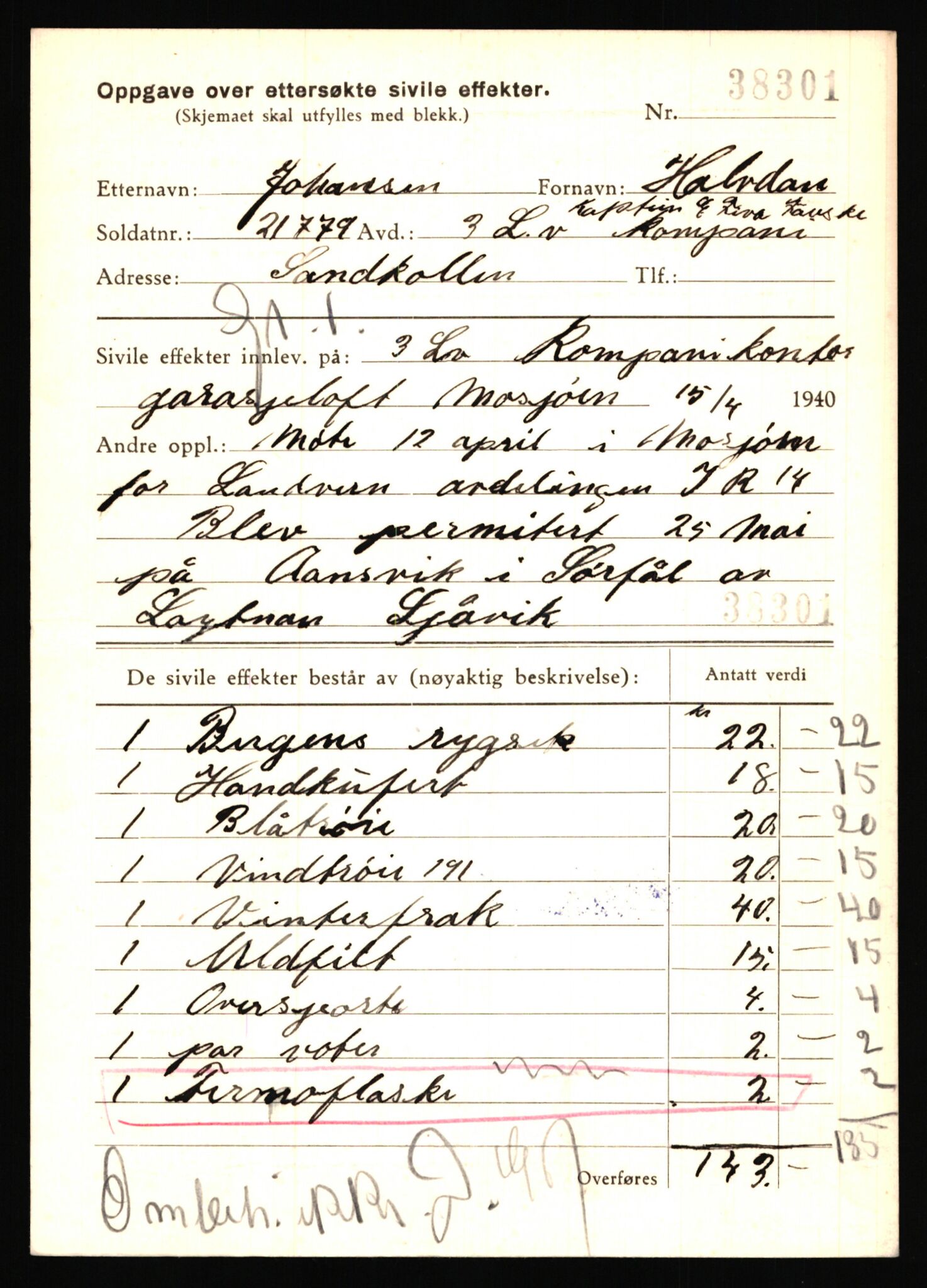 Justisdepartementet, Oppgjørsavdelingen, AV/RA-S-1056/G/Gb/L0040: Oppgaver over ettersøkte sivile effekter. Johansen, Halfdan - Johansen, Åsmund, 1940-1942, p. 5