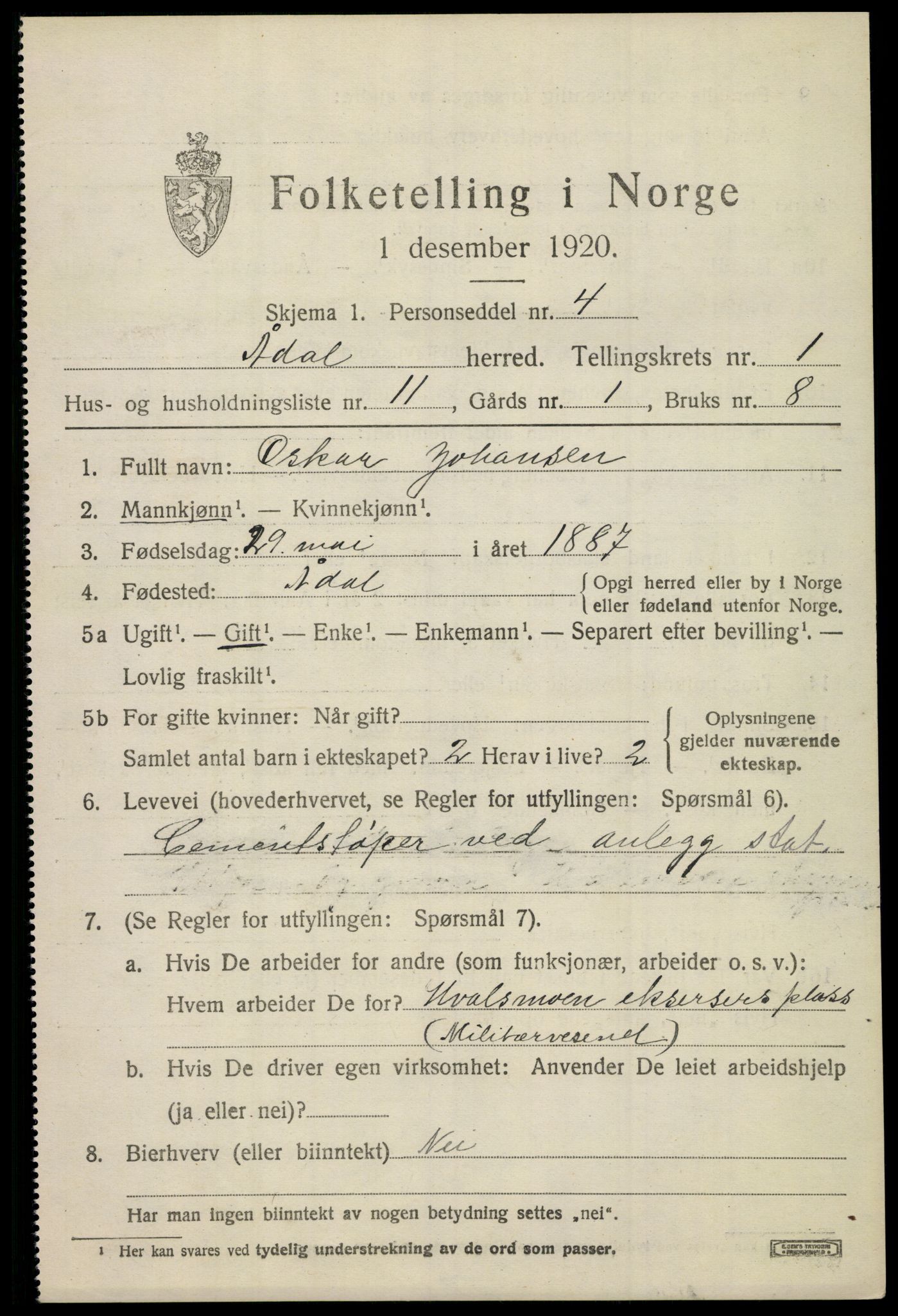 SAKO, 1920 census for Ådal, 1920, p. 1340