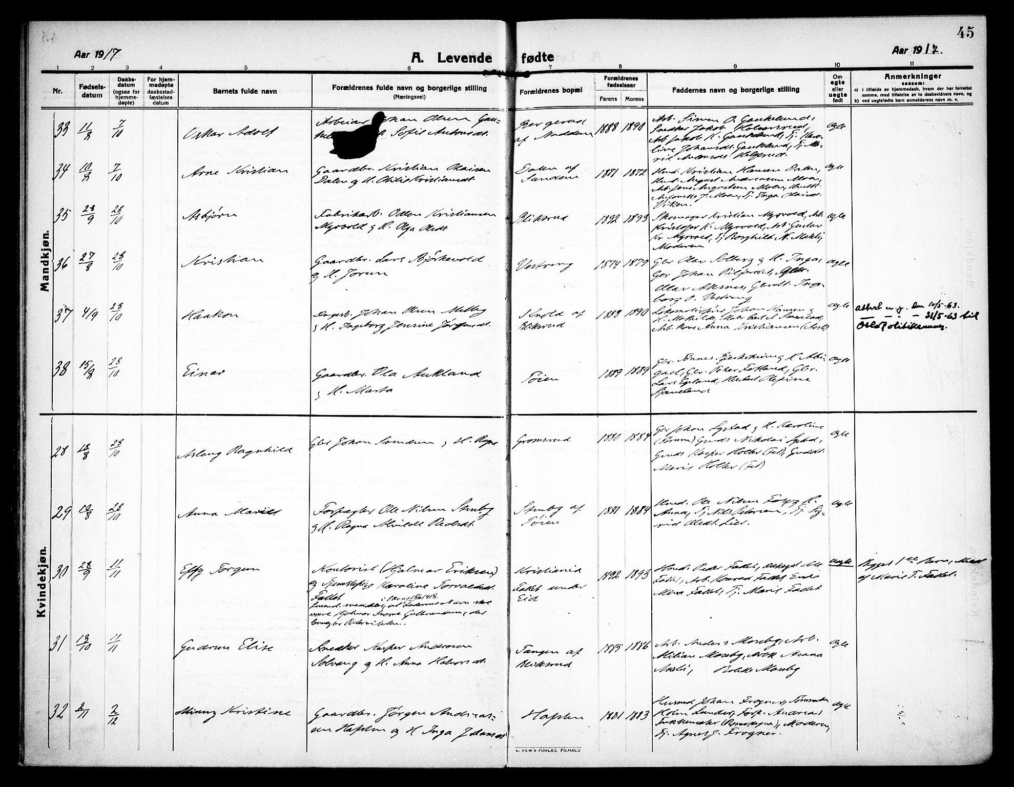 Høland prestekontor Kirkebøker, SAO/A-10346a/F/Fa/L0016: Parish register (official) no. I 16, 1912-1921, p. 45