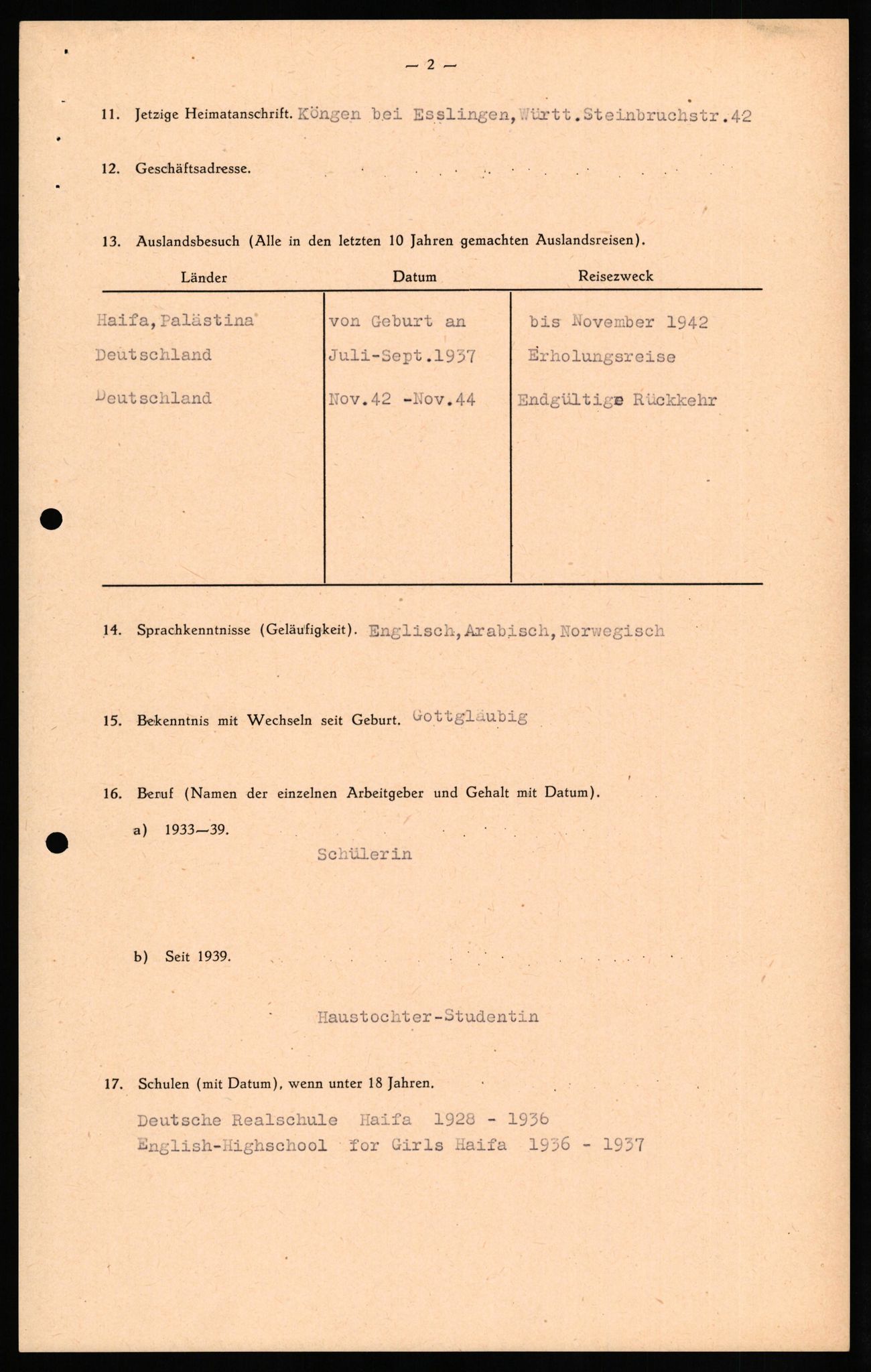 Forsvaret, Forsvarets overkommando II, RA/RAFA-3915/D/Db/L0029: CI Questionaires. Tyske okkupasjonsstyrker i Norge. Tyskere., 1945-1946, p. 394