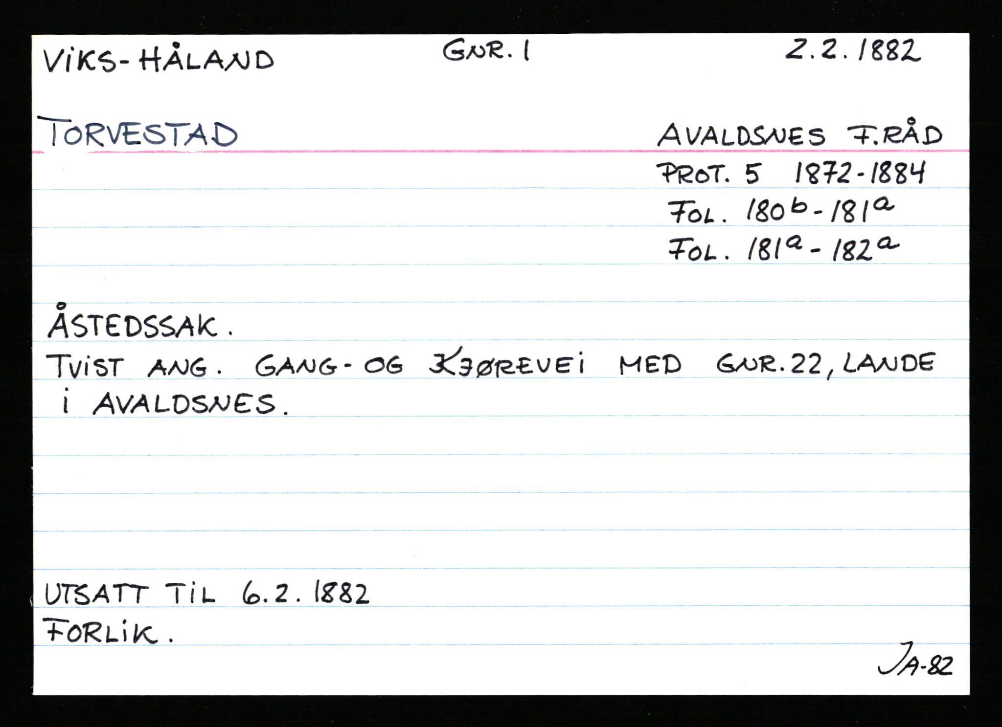 Statsarkivet i Stavanger, AV/SAST-A-101971/03/Y/Ym/L0067: Åstedskort sortert etter gårdsnavn: Vik - Vold, 1600-1950, p. 278
