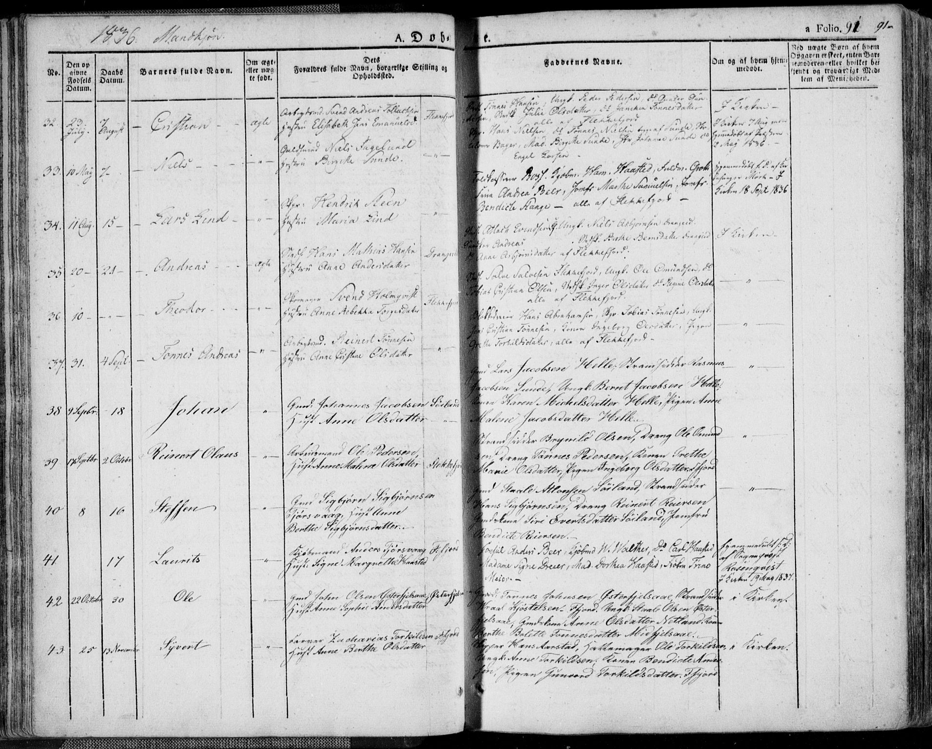 Flekkefjord sokneprestkontor, AV/SAK-1111-0012/F/Fa/Fac/L0003: Parish register (official) no. A 3, 1826-1841, p. 91