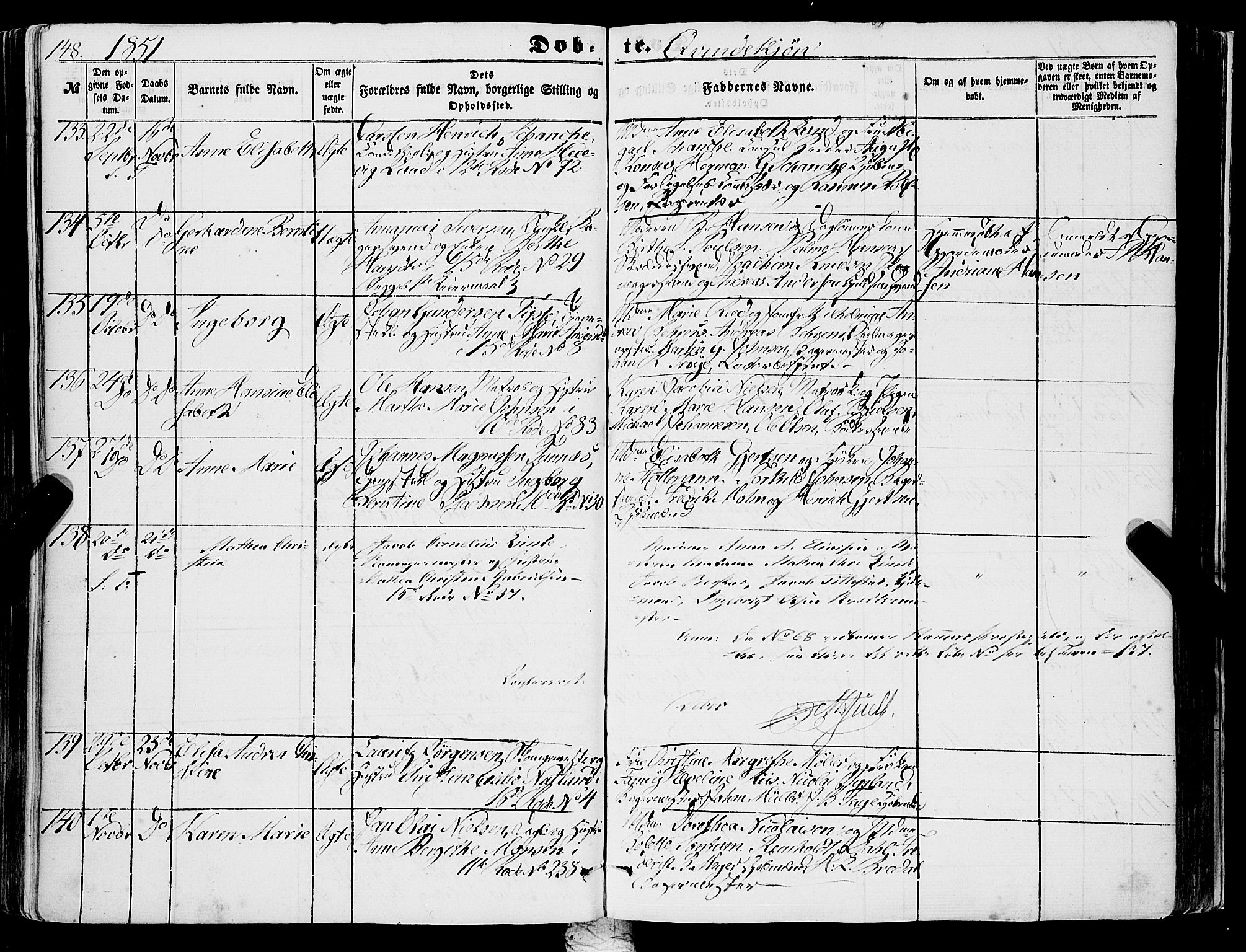 Domkirken sokneprestembete, SAB/A-74801/H/Haa/L0020: Parish register (official) no. B 3, 1851-1859, p. 148