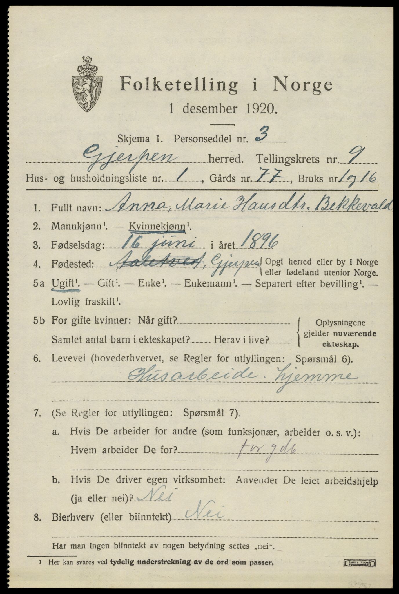 SAKO, 1920 census for Gjerpen, 1920, p. 10782