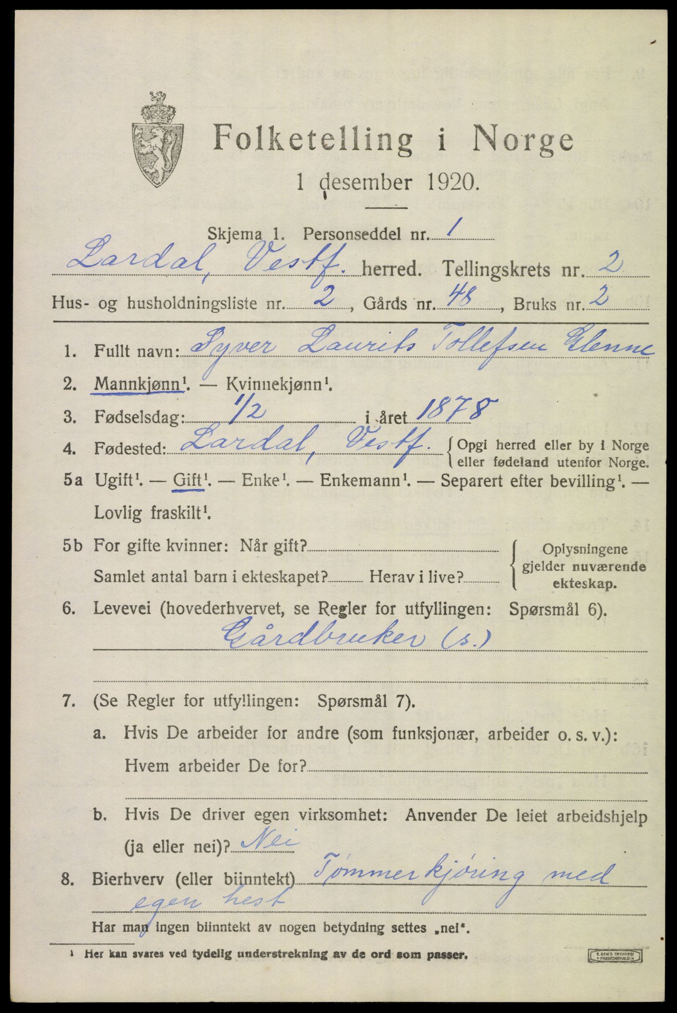 SAKO, 1920 census for Lardal, 1920, p. 1987