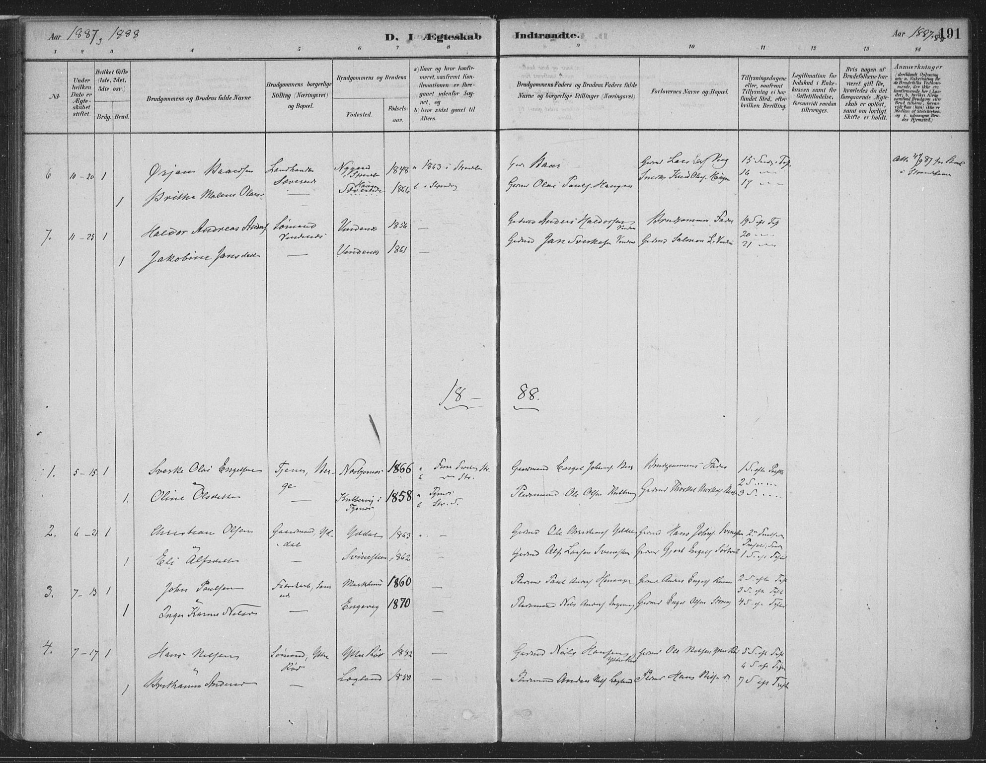 Fusa sokneprestembete, SAB/A-75401/H/Haa: Parish register (official) no. D 1, 1880-1938, p. 191