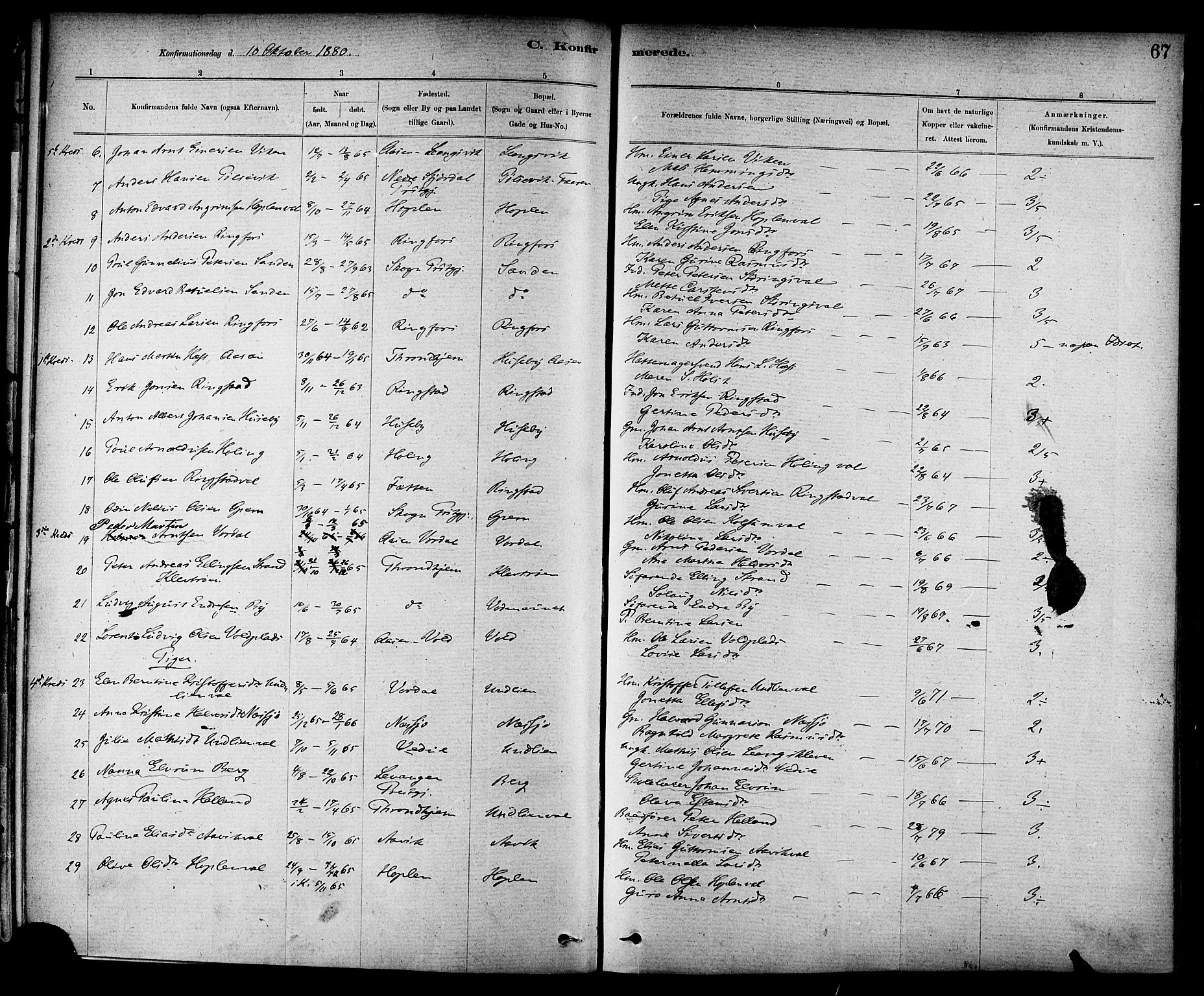 Ministerialprotokoller, klokkerbøker og fødselsregistre - Nord-Trøndelag, SAT/A-1458/714/L0130: Parish register (official) no. 714A01, 1878-1895, p. 67