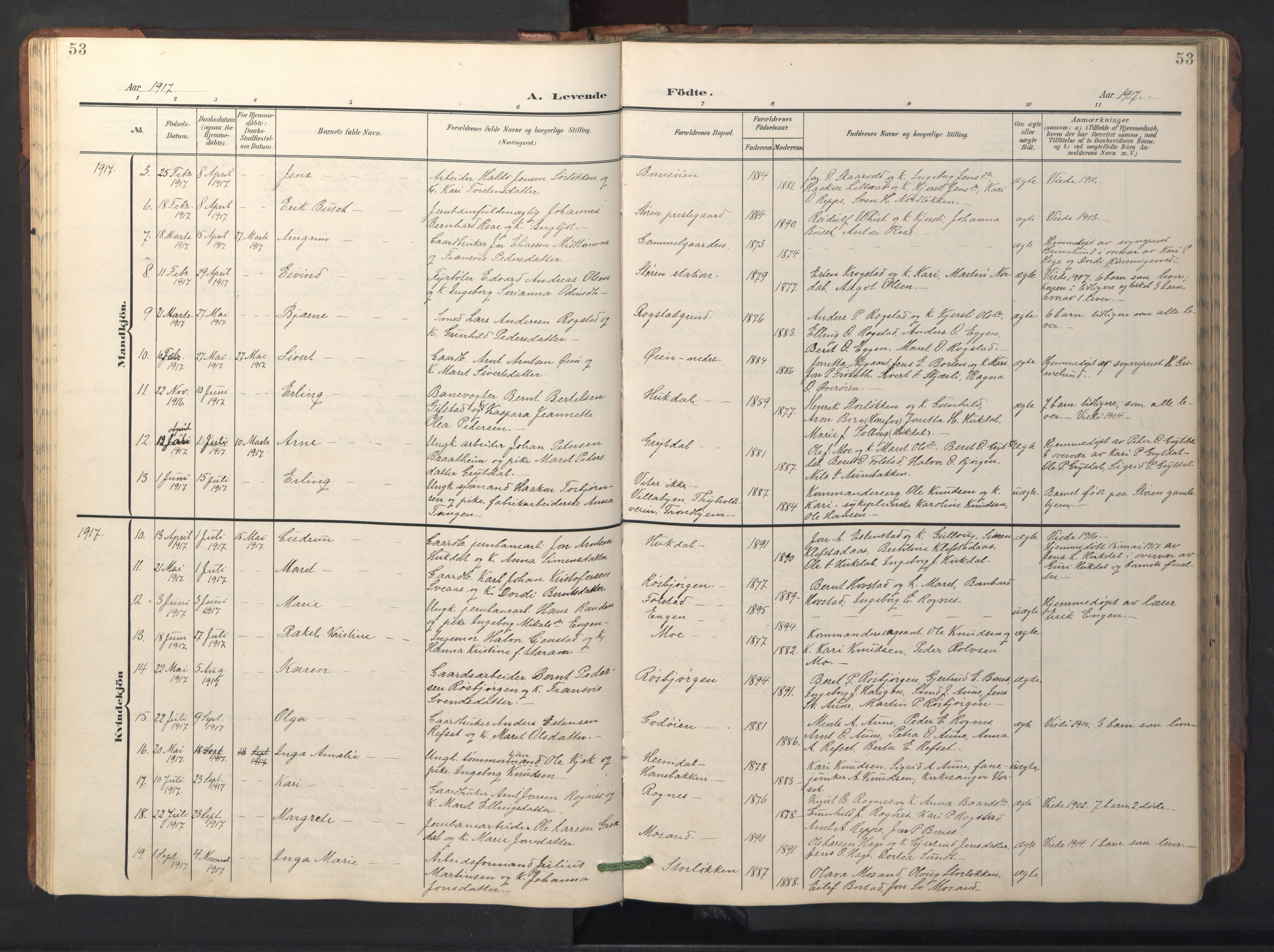 Ministerialprotokoller, klokkerbøker og fødselsregistre - Sør-Trøndelag, SAT/A-1456/687/L1019: Parish register (copy) no. 687C03, 1904-1931, p. 53