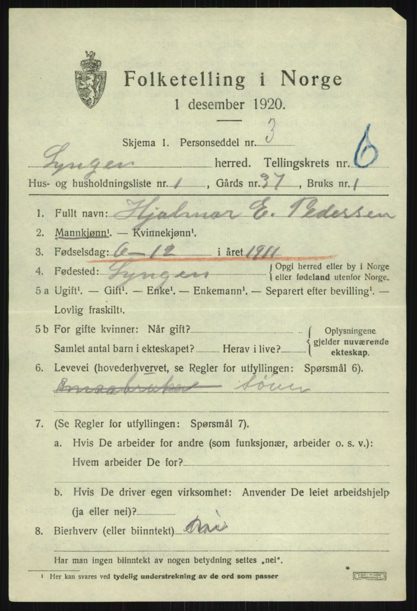 SATØ, 1920 census for Lyngen, 1920, p. 6602