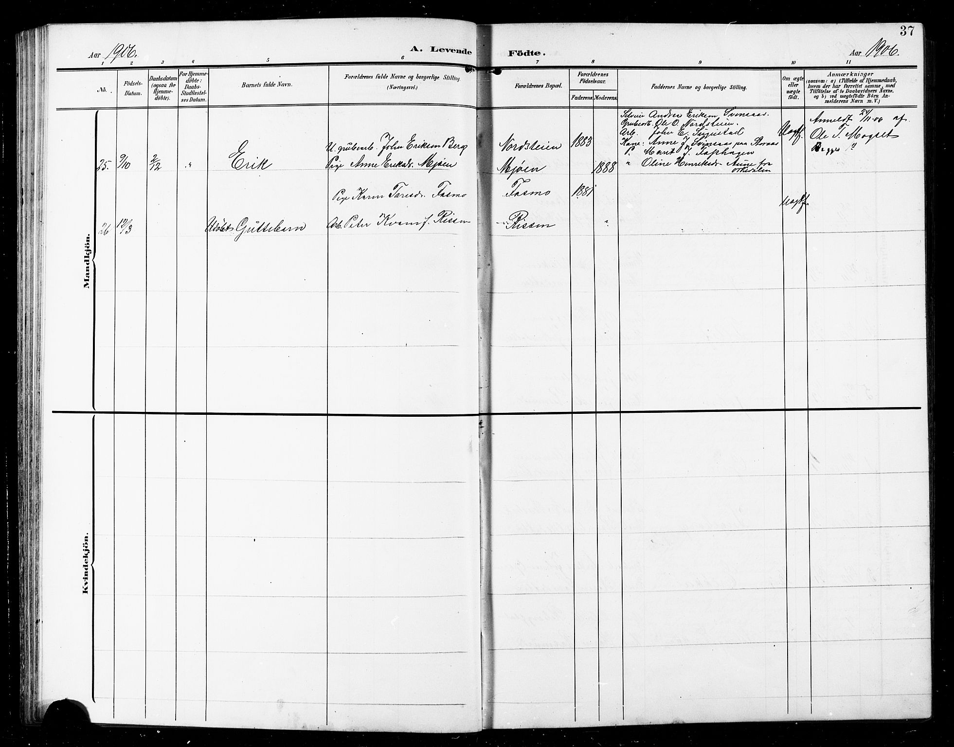 Ministerialprotokoller, klokkerbøker og fødselsregistre - Sør-Trøndelag, SAT/A-1456/672/L0864: Parish register (copy) no. 672C03, 1902-1914, p. 37