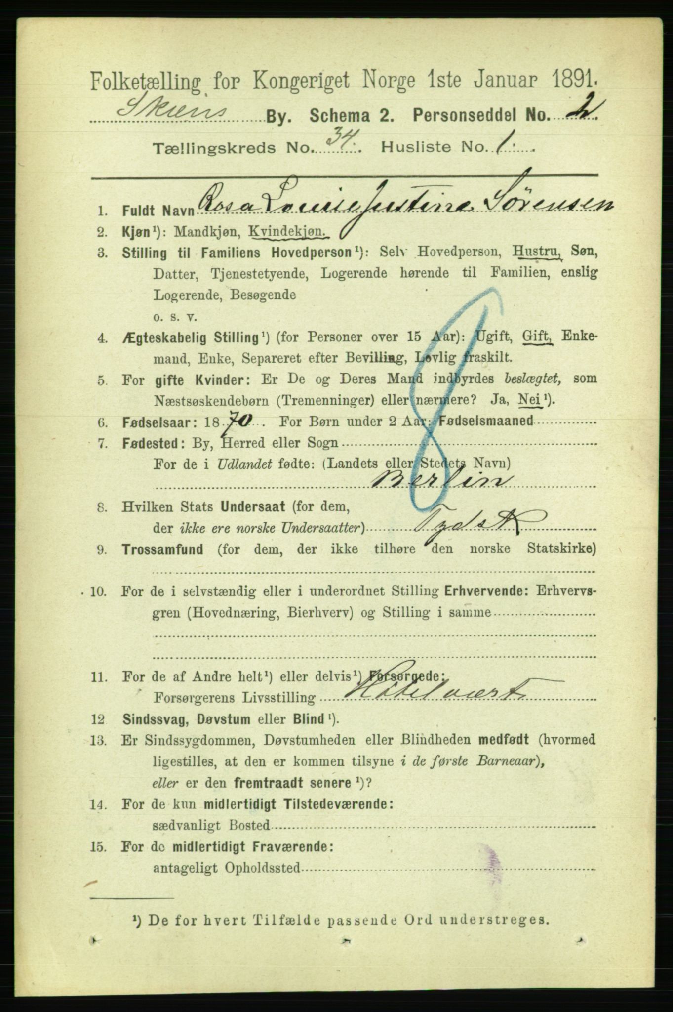 RA, 1891 census for 0806 Skien, 1891, p. 7709