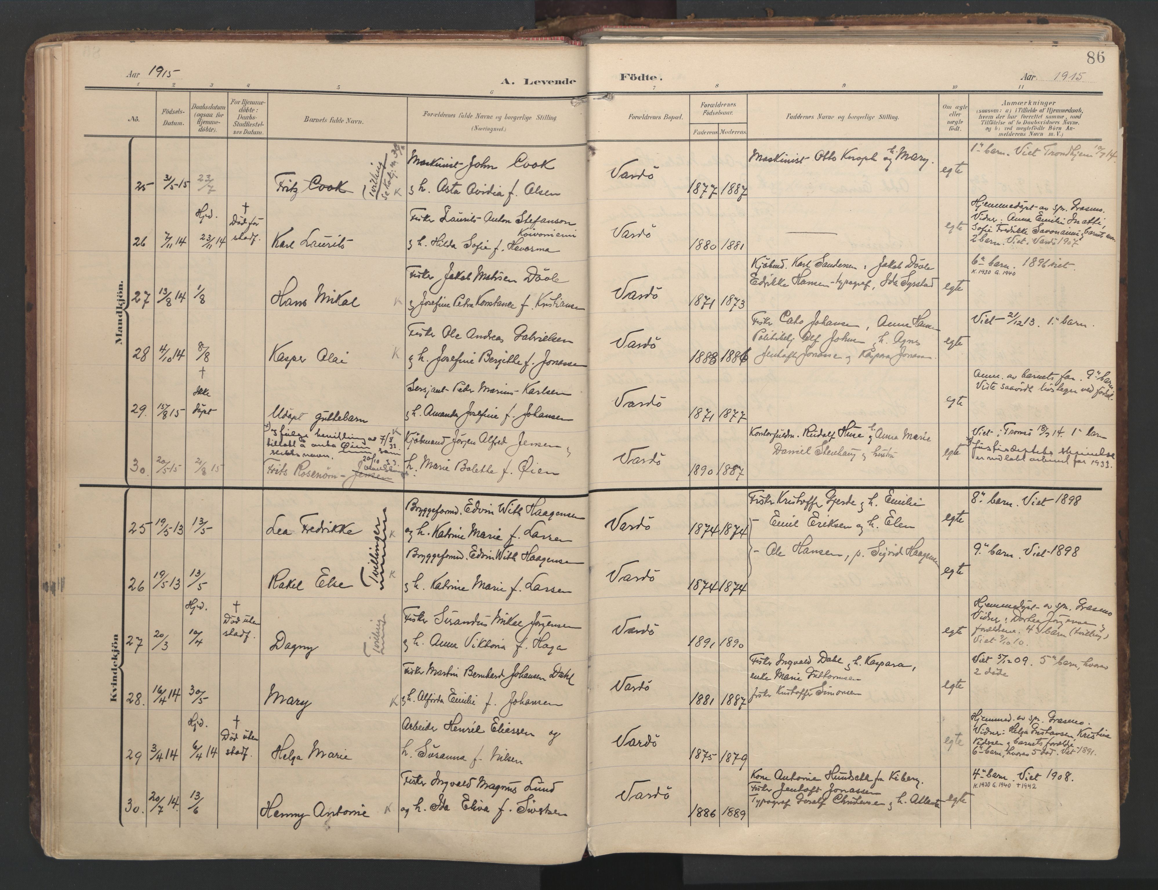 Vardø sokneprestkontor, AV/SATØ-S-1332/H/Ha/L0012kirke: Parish register (official) no. 12, 1907-1921, p. 86